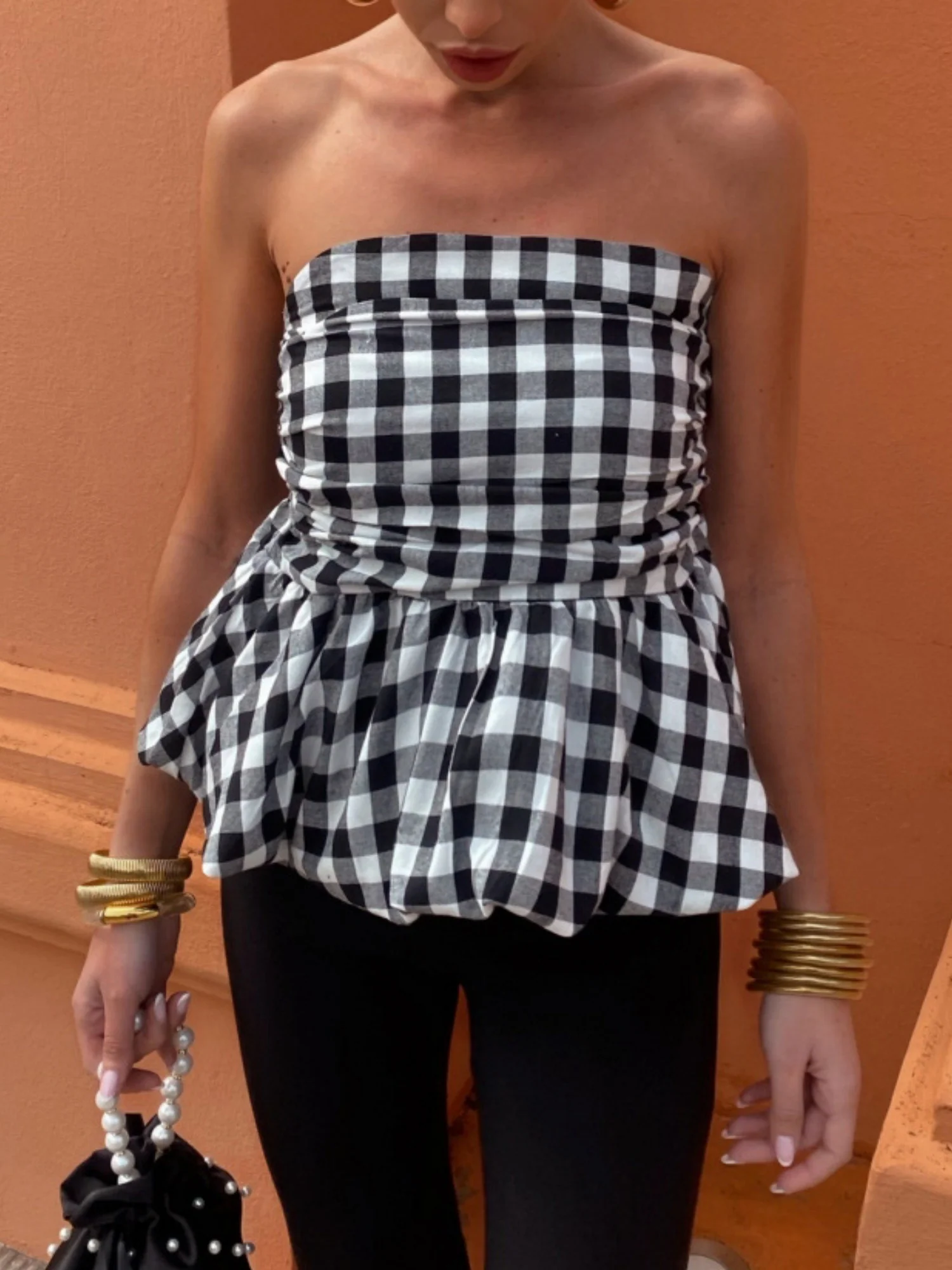Plaid Splicing Ruffle Strapless Sweet Tank Tops&Camis - Image 7