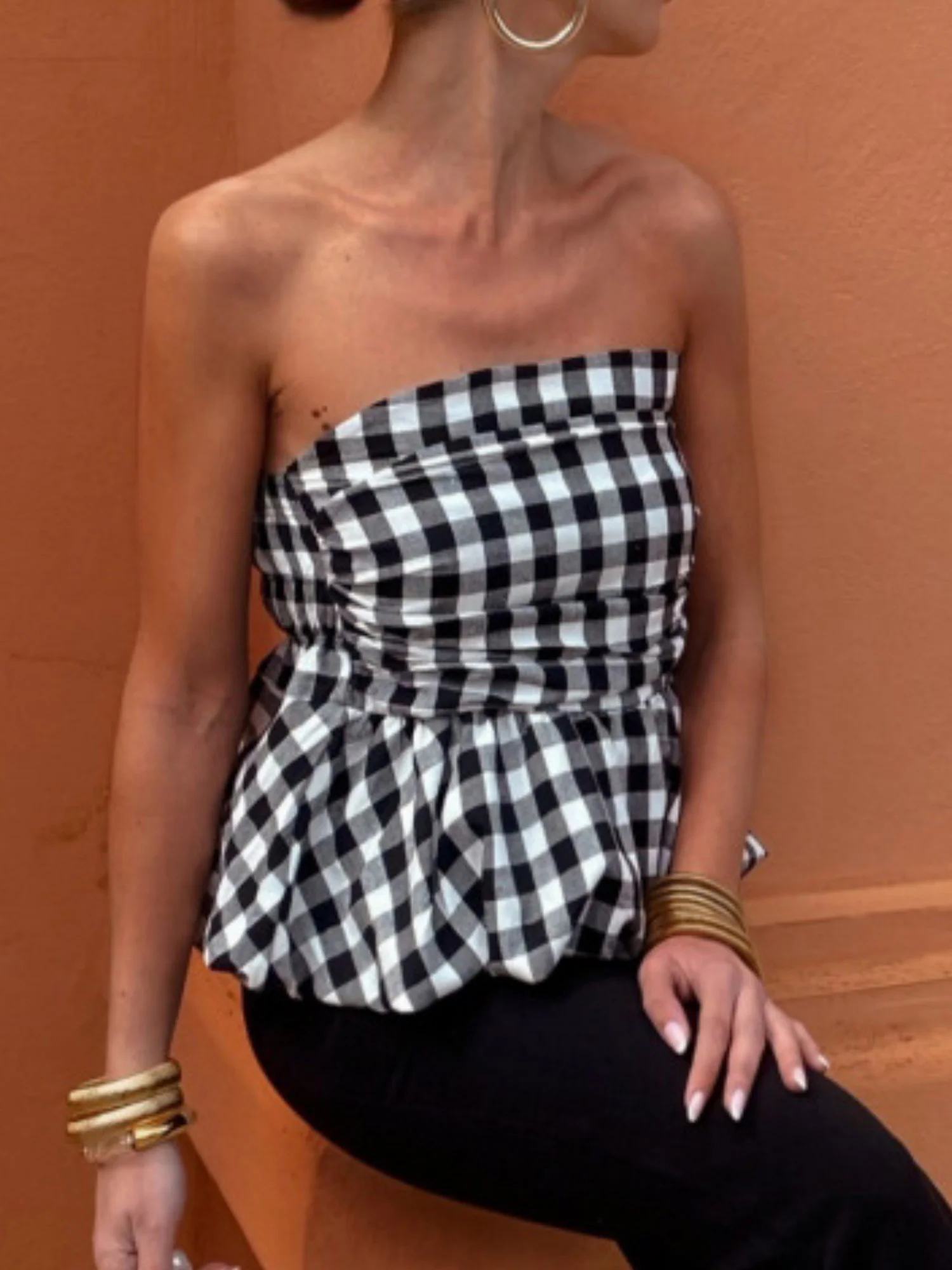 Plaid Splicing Ruffle Strapless Sweet Tank Tops&Camis - Image 8