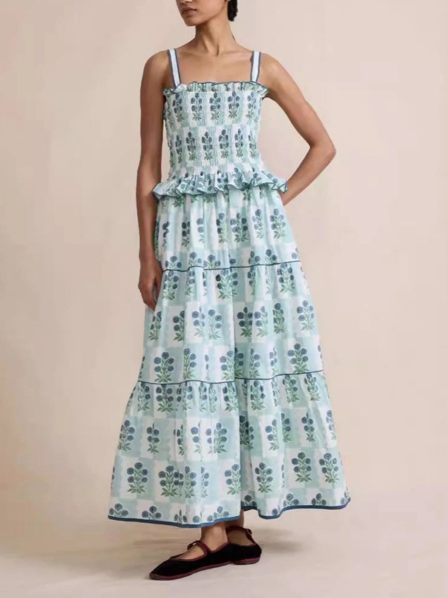 Printed Wavy Edge Spaghetti Strap Long Dress - Image 6