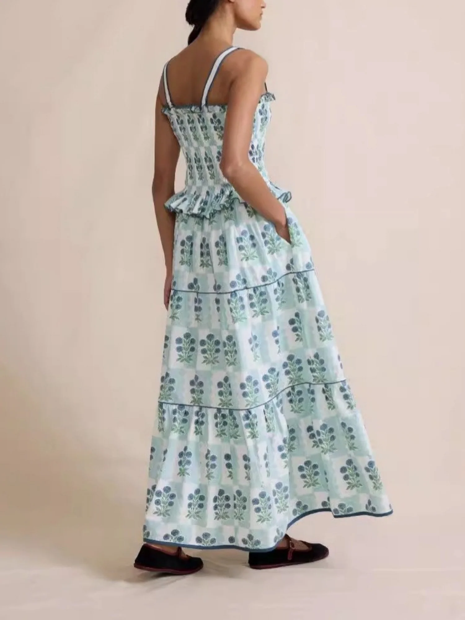 Printed Wavy Edge Spaghetti Strap Long Dress - Image 7