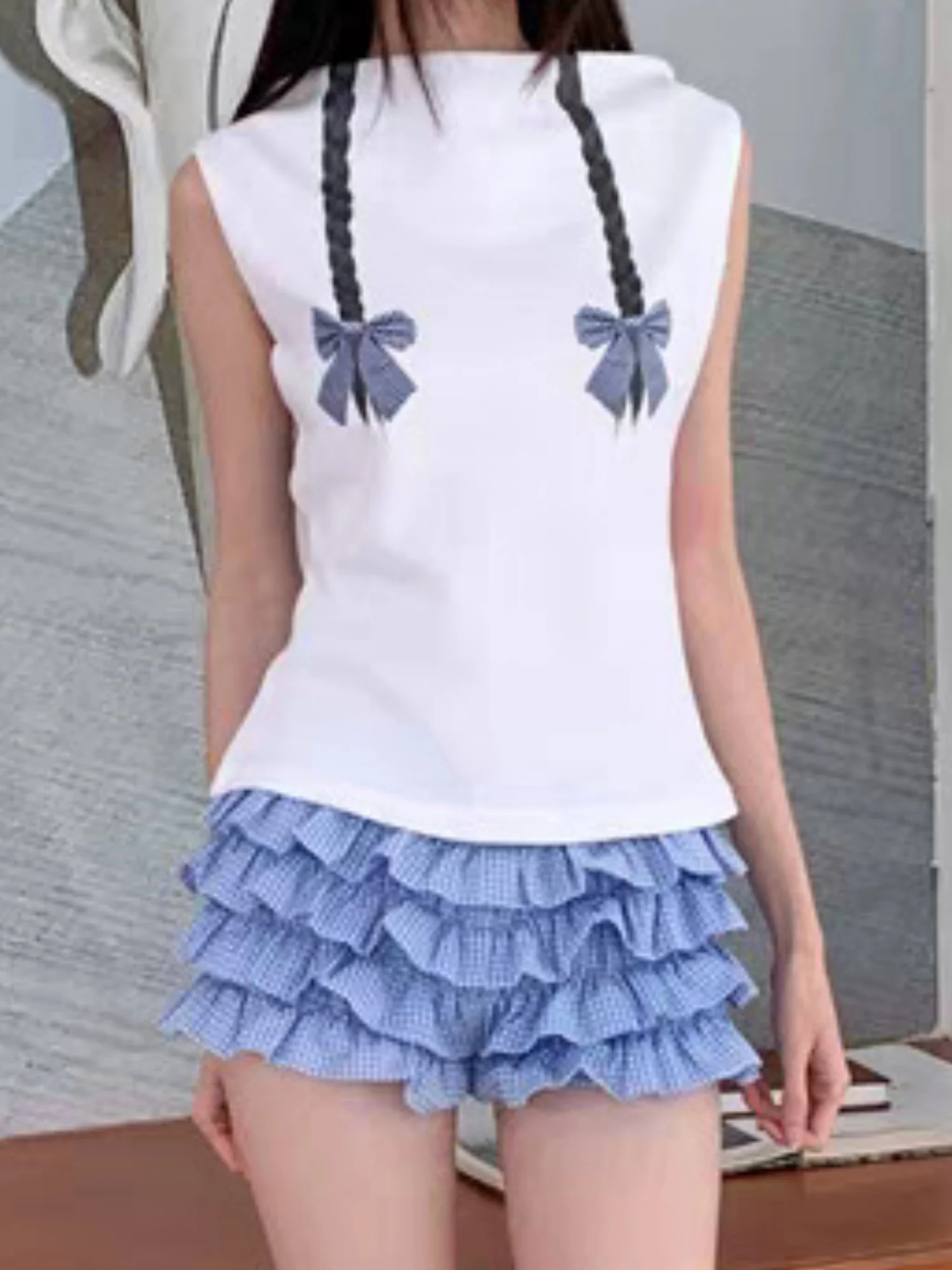 Y2K Checkered With Bow Multi-layered Wavy Lace Sweet Shorts - Image 2