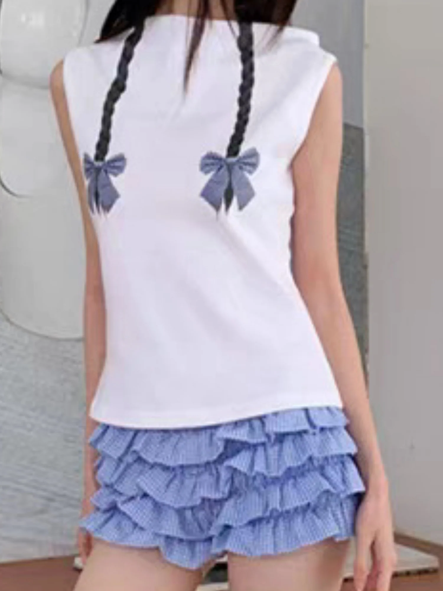 Y2K Checkered With Bow Multi-layered Wavy Lace Sweet Shorts - Image 3