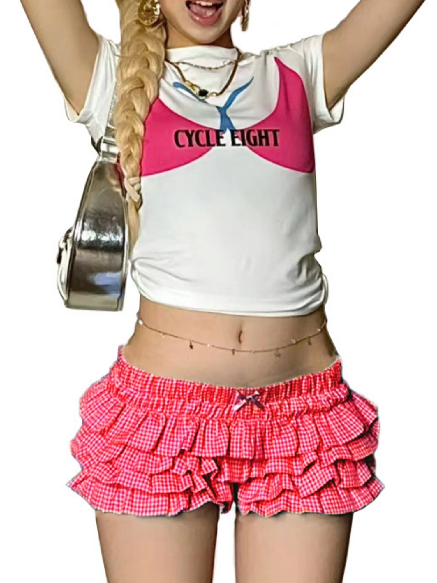 Y2K Checkered With Bow Multi-layered Wavy Lace Sweet Shorts - Image 5