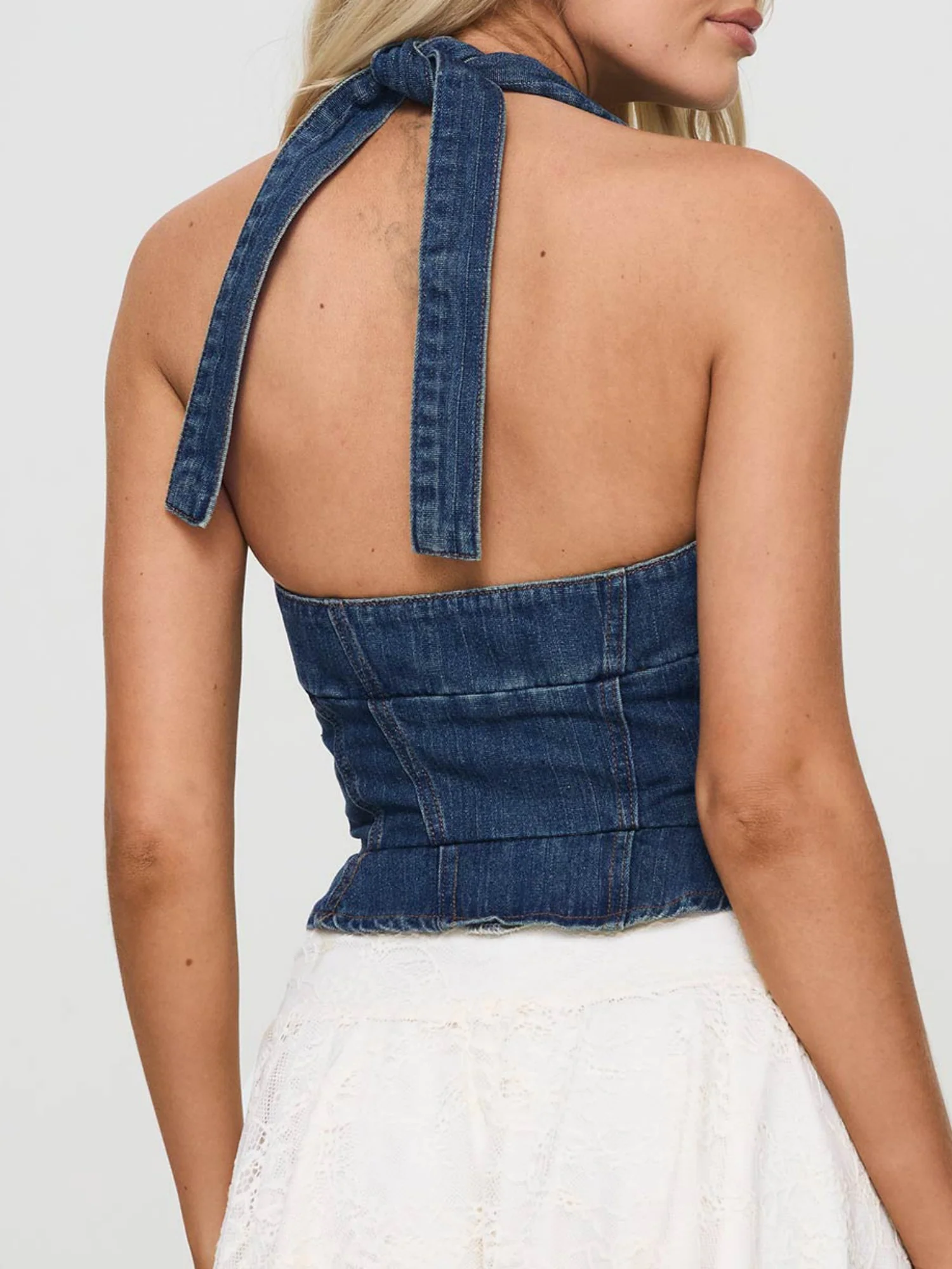 Denim Tie Buttons Halter V-neck Tank Tops&Camis - Image 2