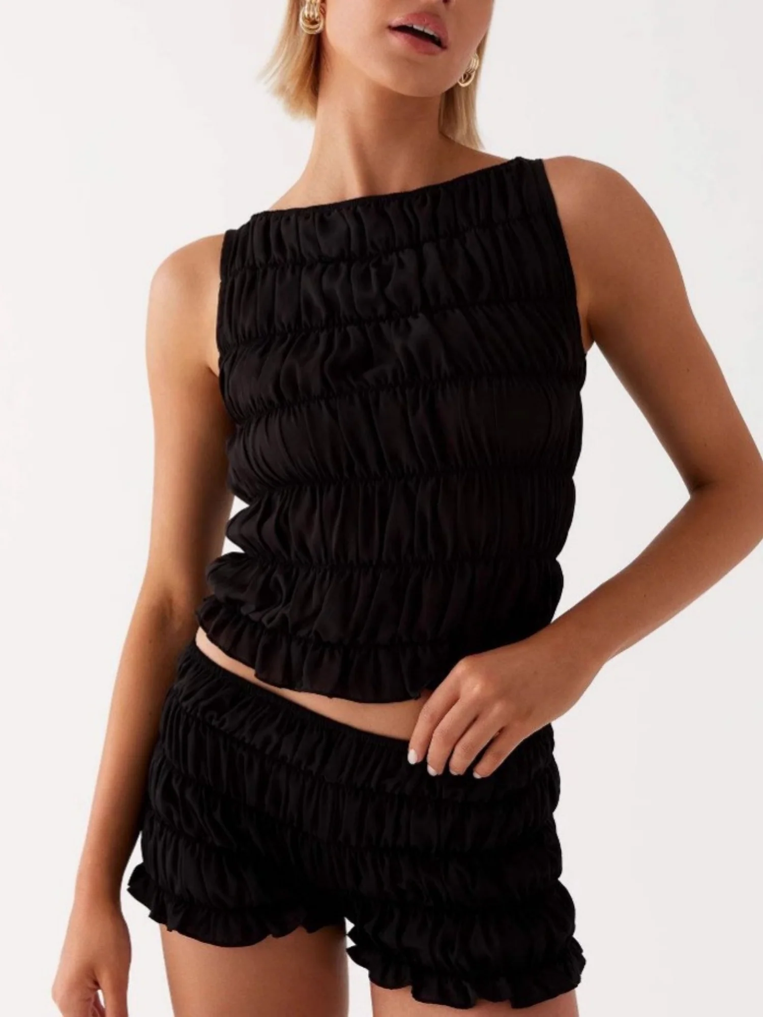 Pleated Navel Curled Hem Backless And Navel Exposed 2-piece Sets - Image 6
