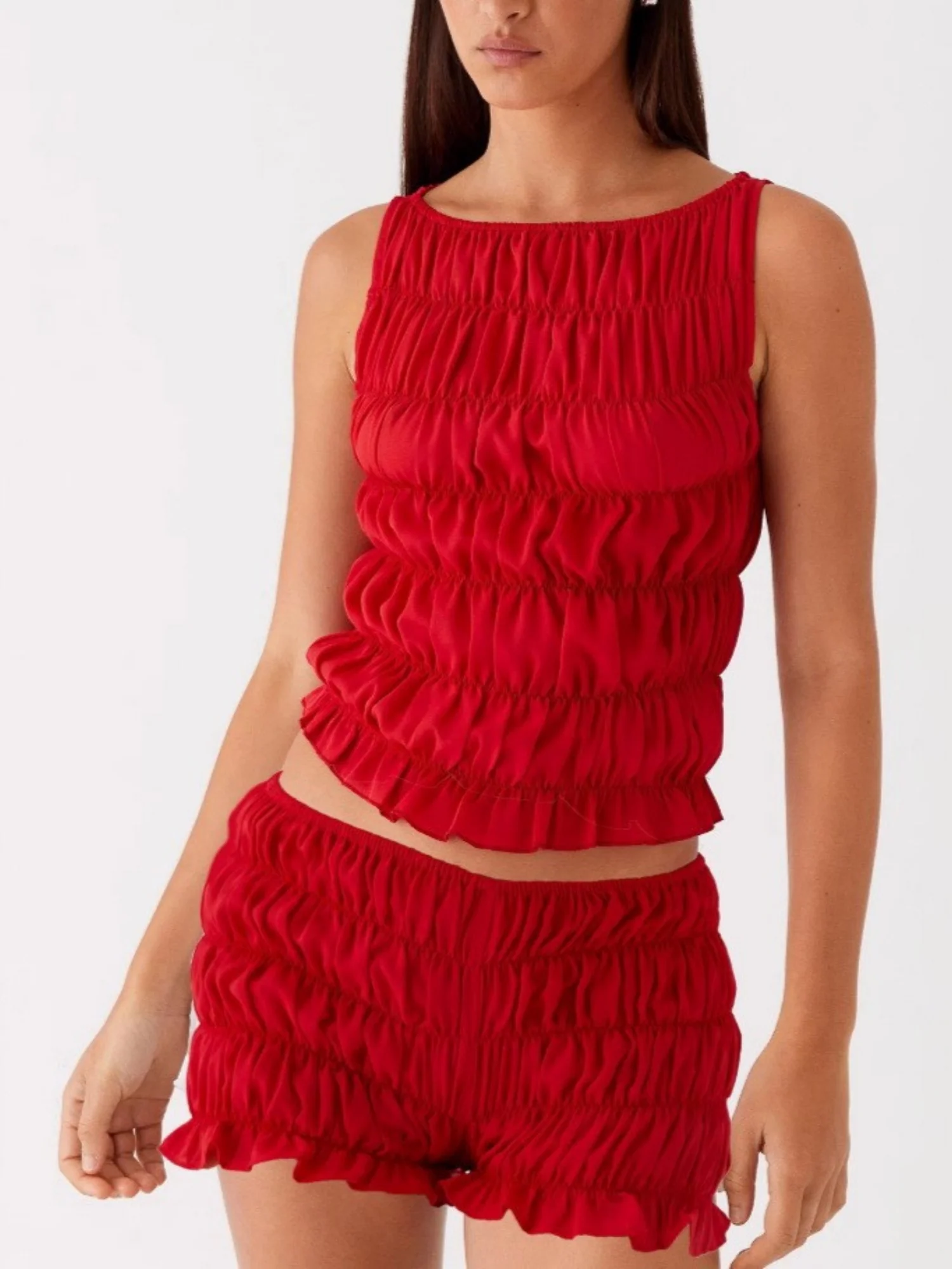 Pleated Navel Curled Hem Backless And Navel Exposed 2-piece Sets - Image 8
