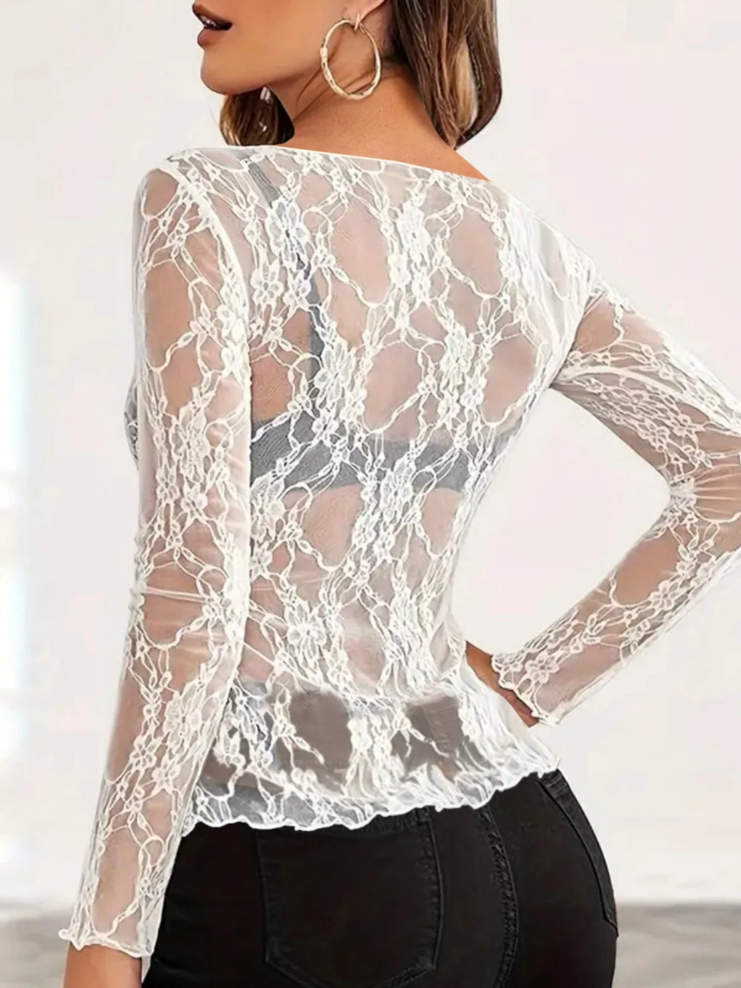 Lace See-through Sexy Mesh Off-the-shoulder Neckline Long-sleeved Top - Image 2