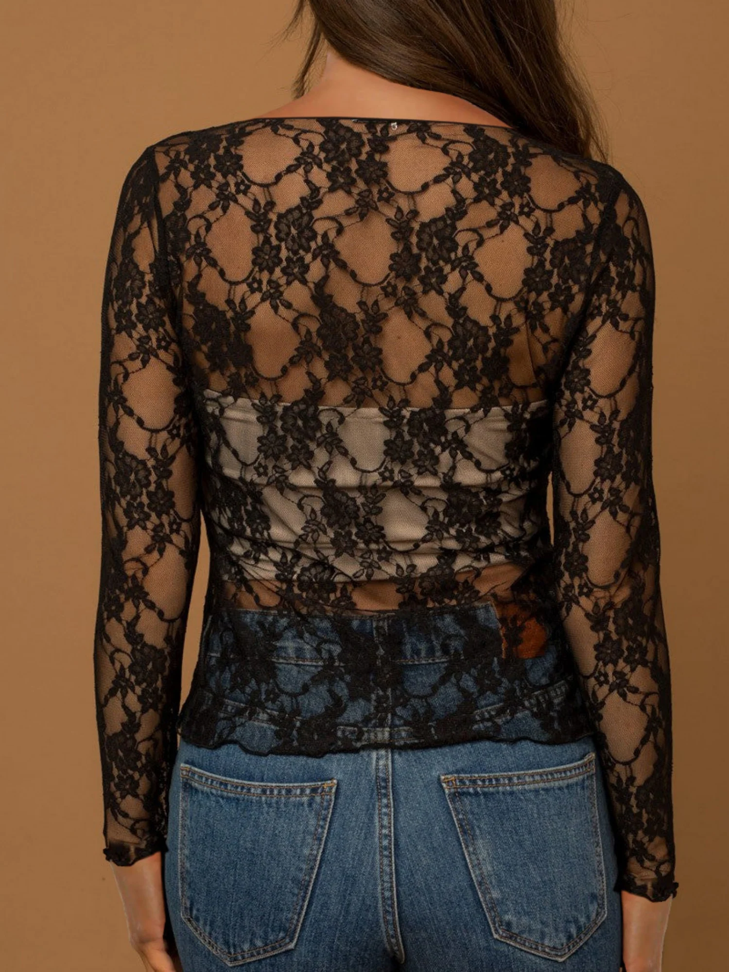 Lace See-through Sexy Mesh Off-the-shoulder Neckline Long-sleeved Top - Image 5