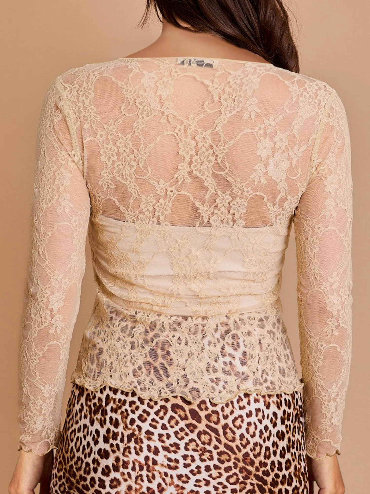 Lace See-through Sexy Mesh Off-the-shoulder Neckline Long-sleeved Top - Image 8