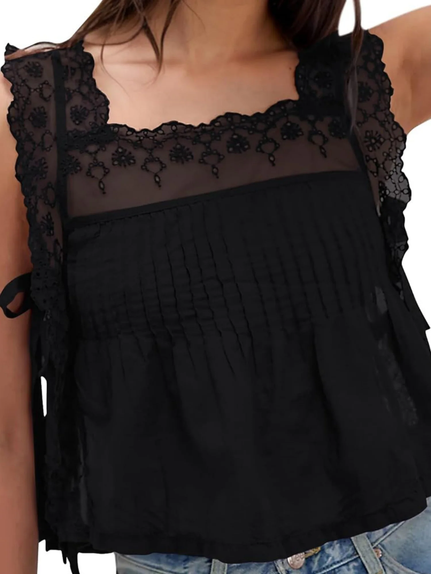 Lace Trim Square Neck Tie Tank Tops&Camis - Image 8