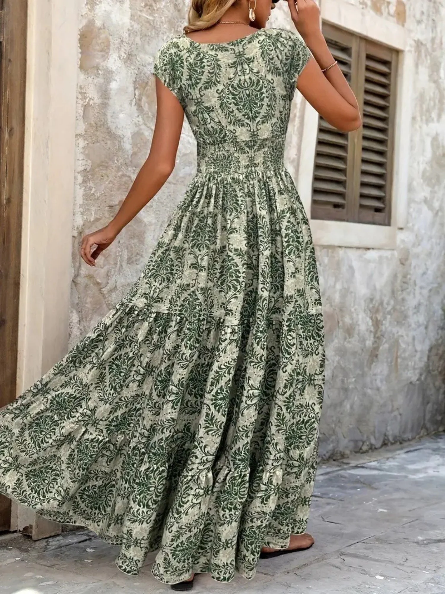 Floral Print V-neck Short Sleeve Large Skirt Maxi Dresses - Image 2