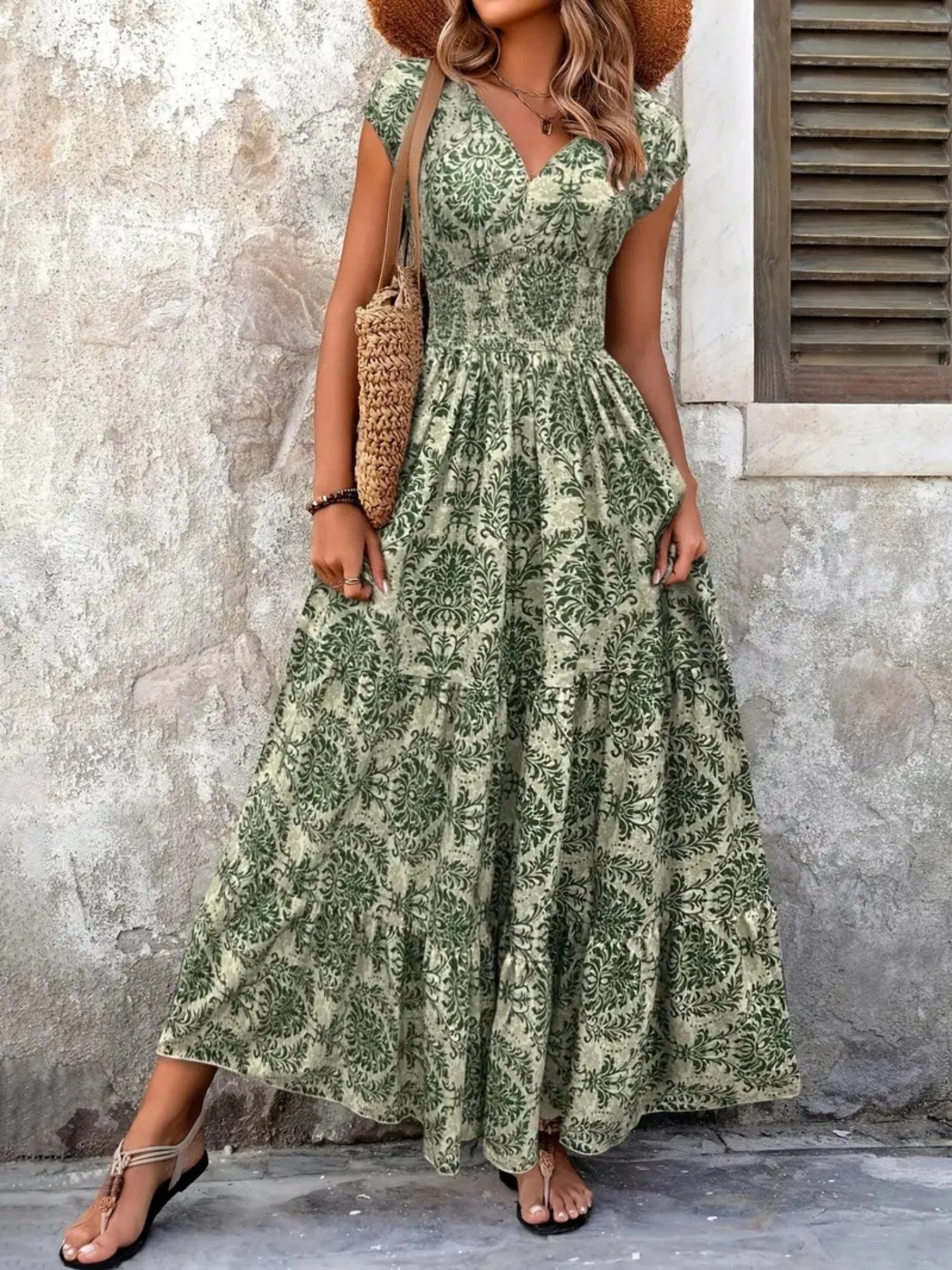 Floral Print V-neck Short Sleeve Large Skirt Maxi Dresses - Image 3