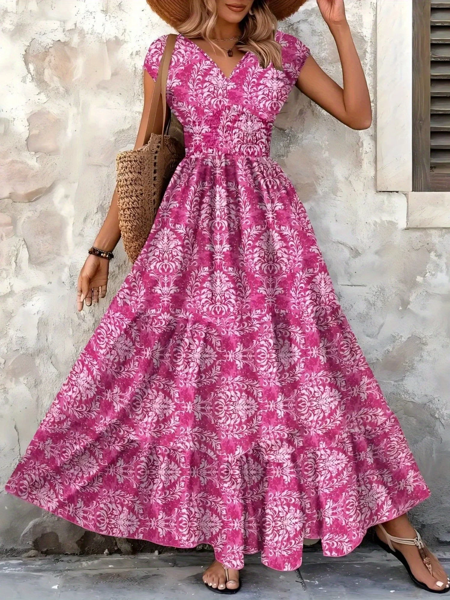 Floral Print V-neck Short Sleeve Large Skirt Maxi Dresses - Image 4