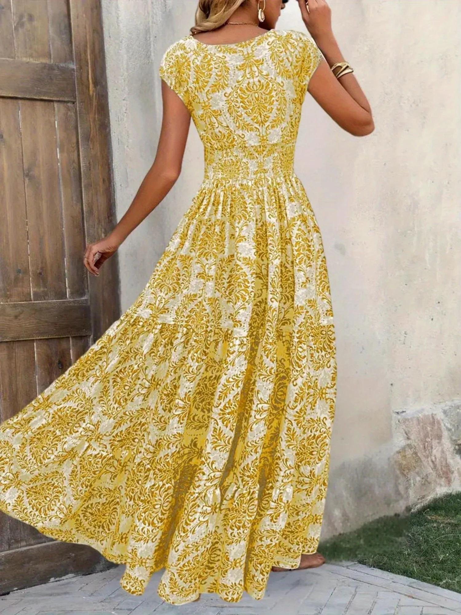 Floral Print V-neck Short Sleeve Large Skirt Maxi Dresses - Image 5