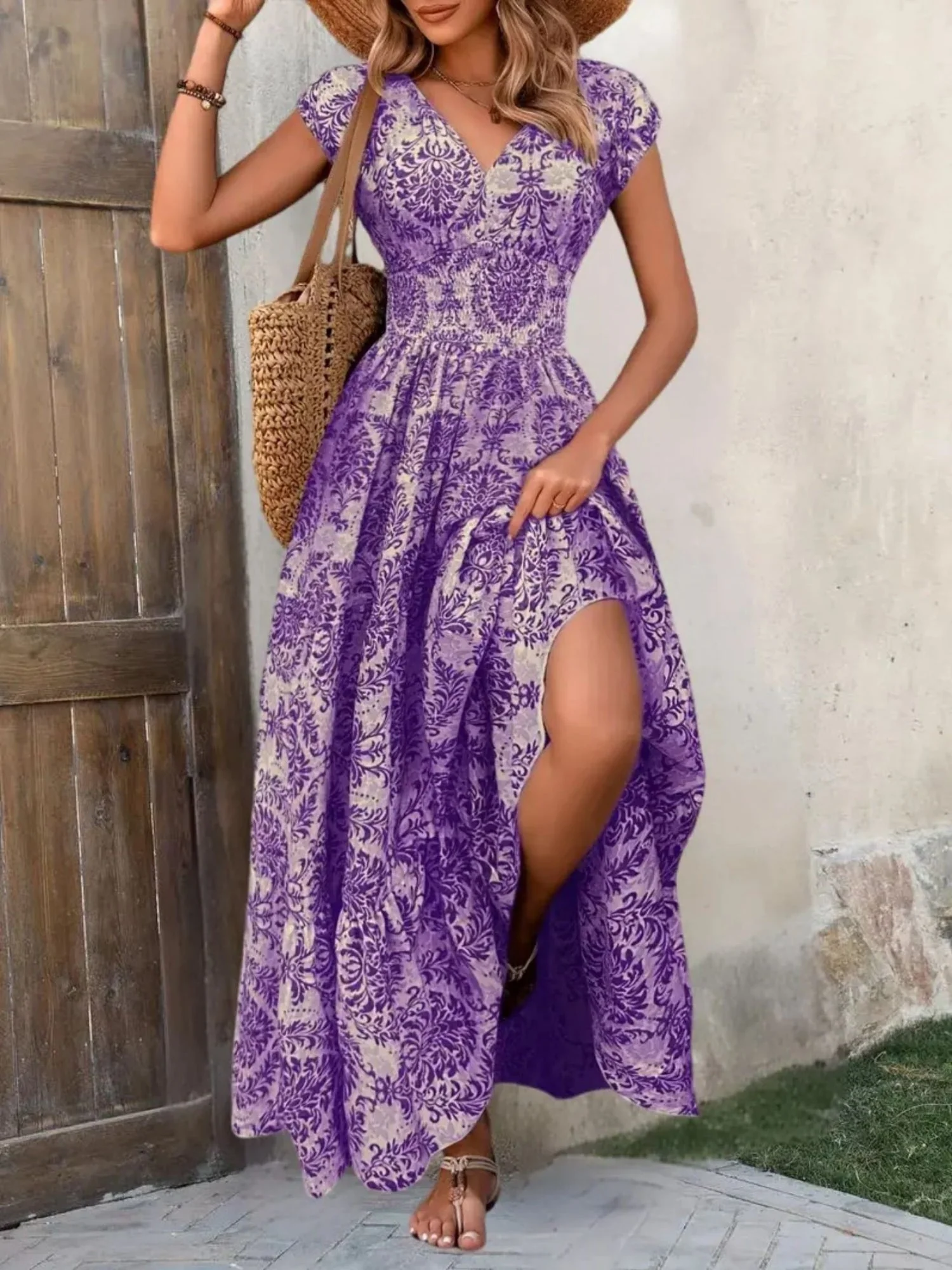 Floral Print V-neck Short Sleeve Large Skirt Maxi Dresses - Image 6