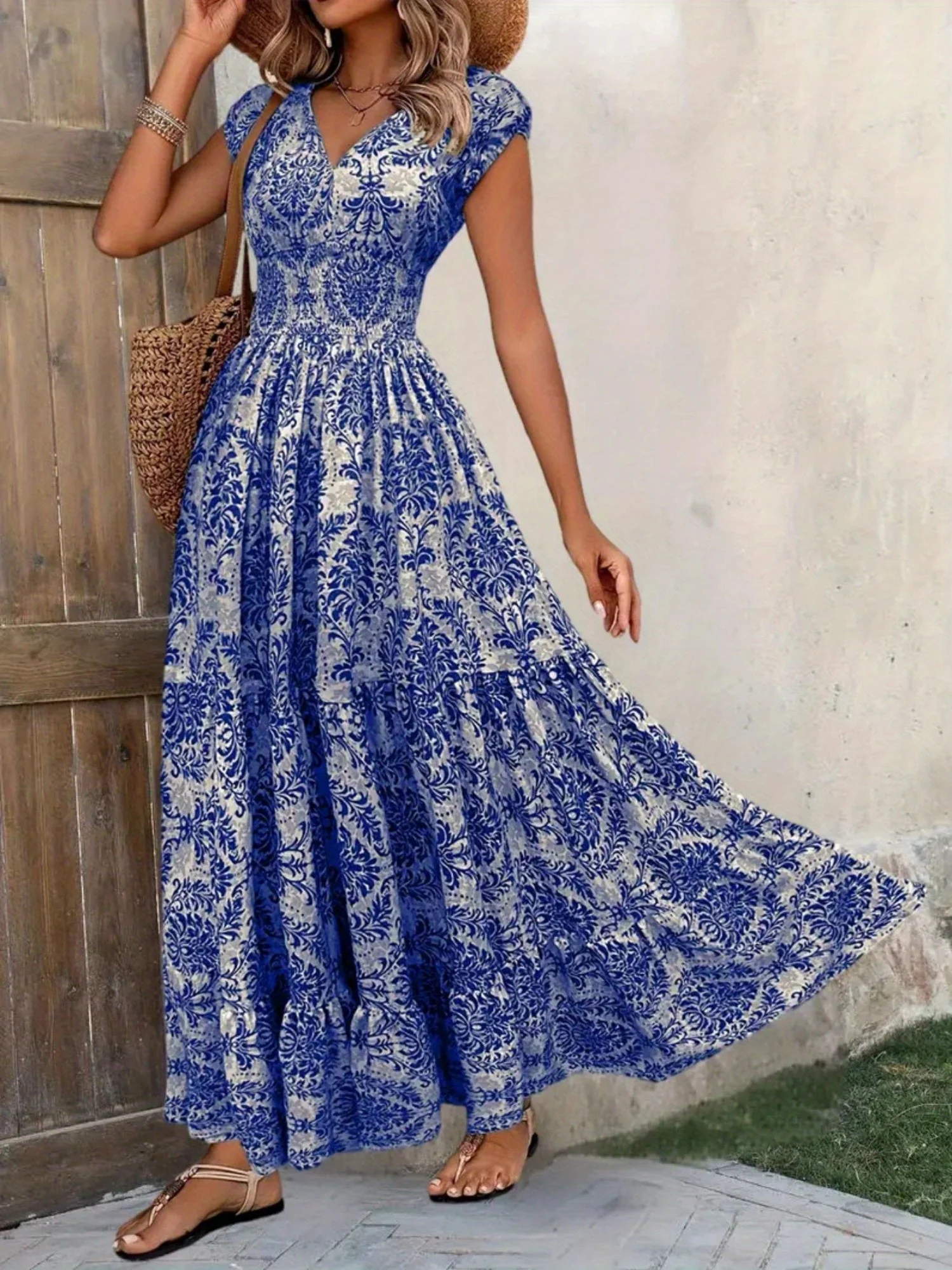Floral Print V-neck Short Sleeve Large Skirt Maxi Dresses - Image 7