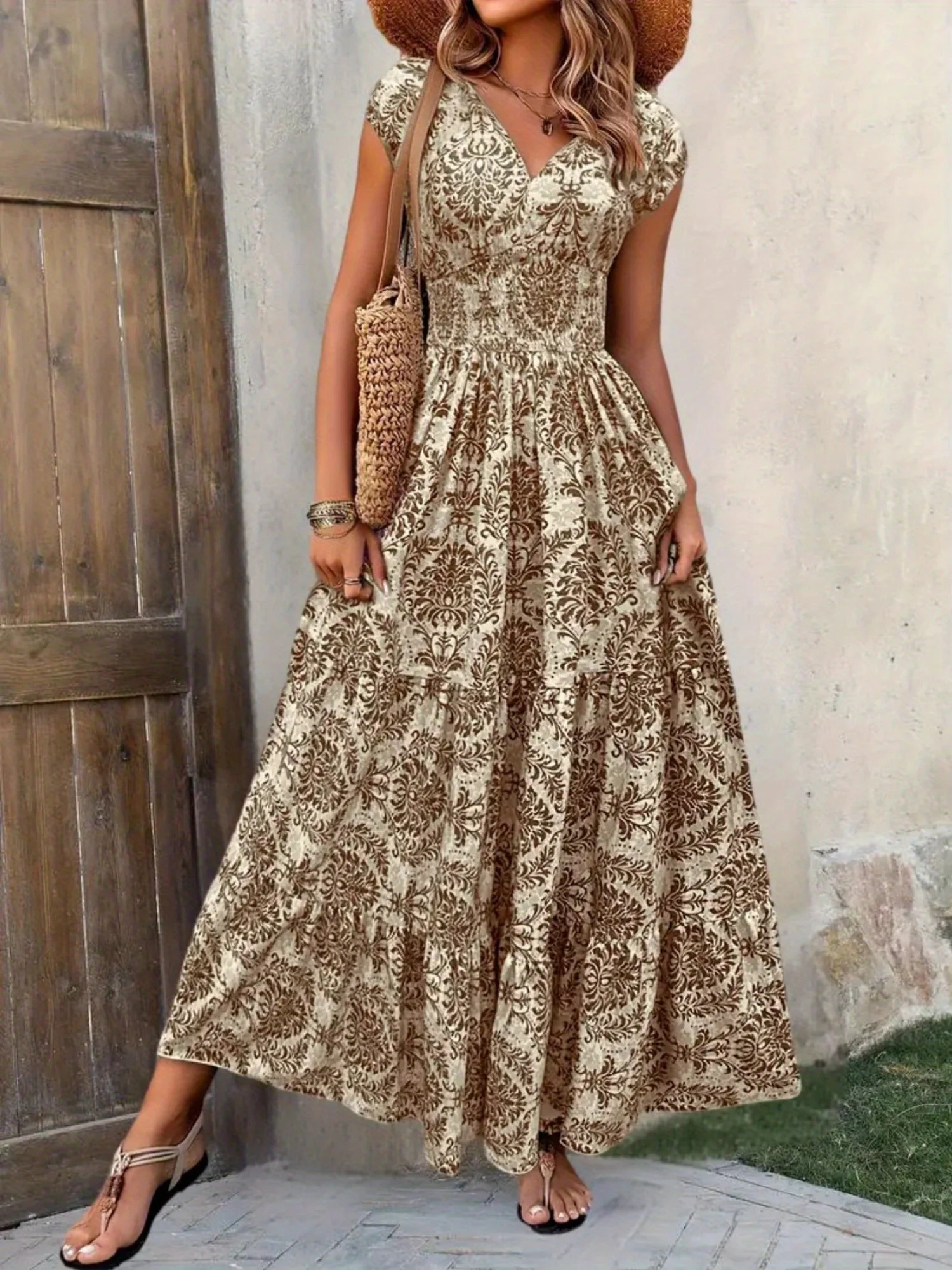 Floral Print V-neck Short Sleeve Large Skirt Maxi Dresses - Image 8