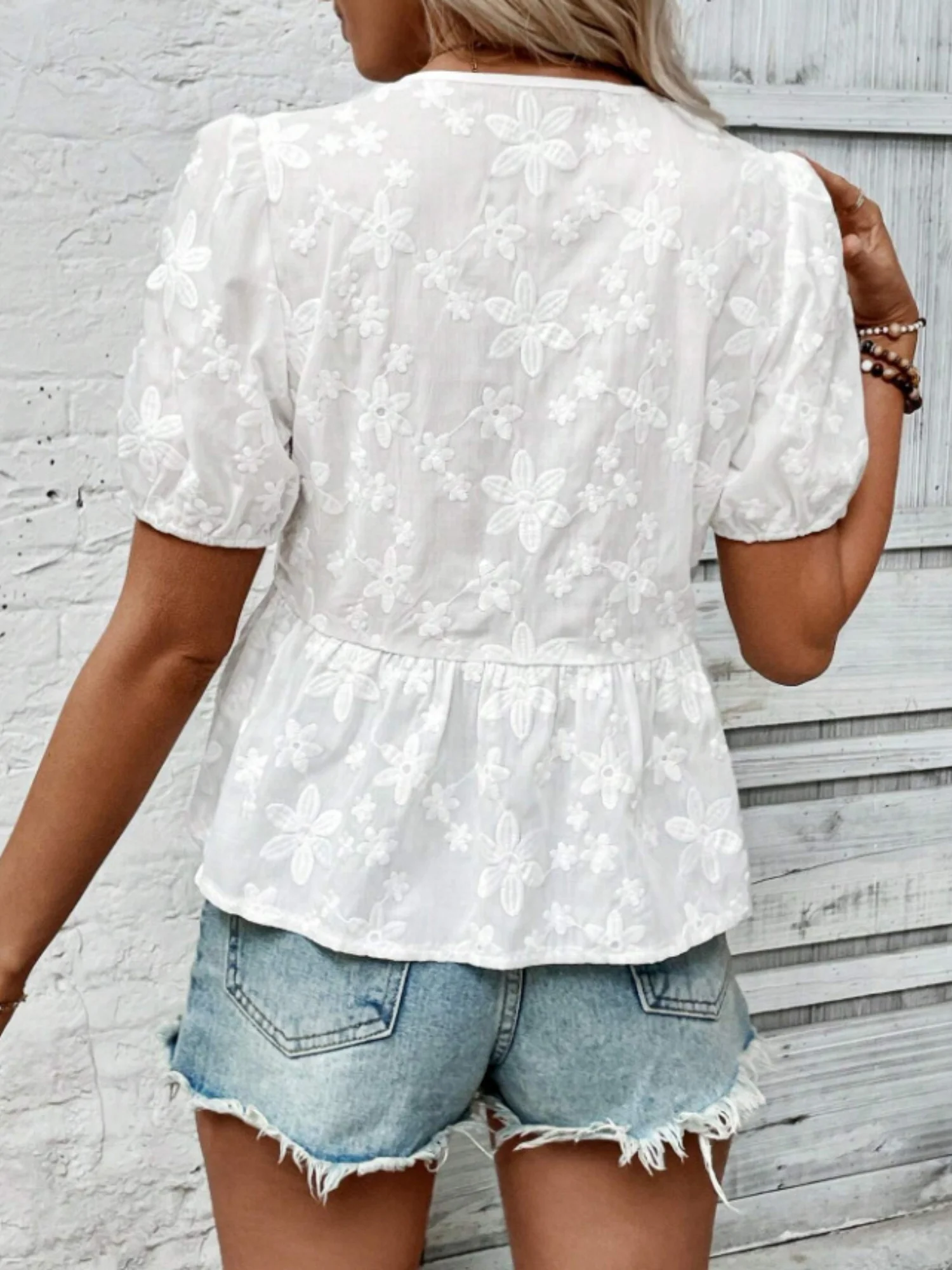 Lace Flowers Bow Tie Hollow Out Round Neck Puff Sleeves T-shirts - Image 2