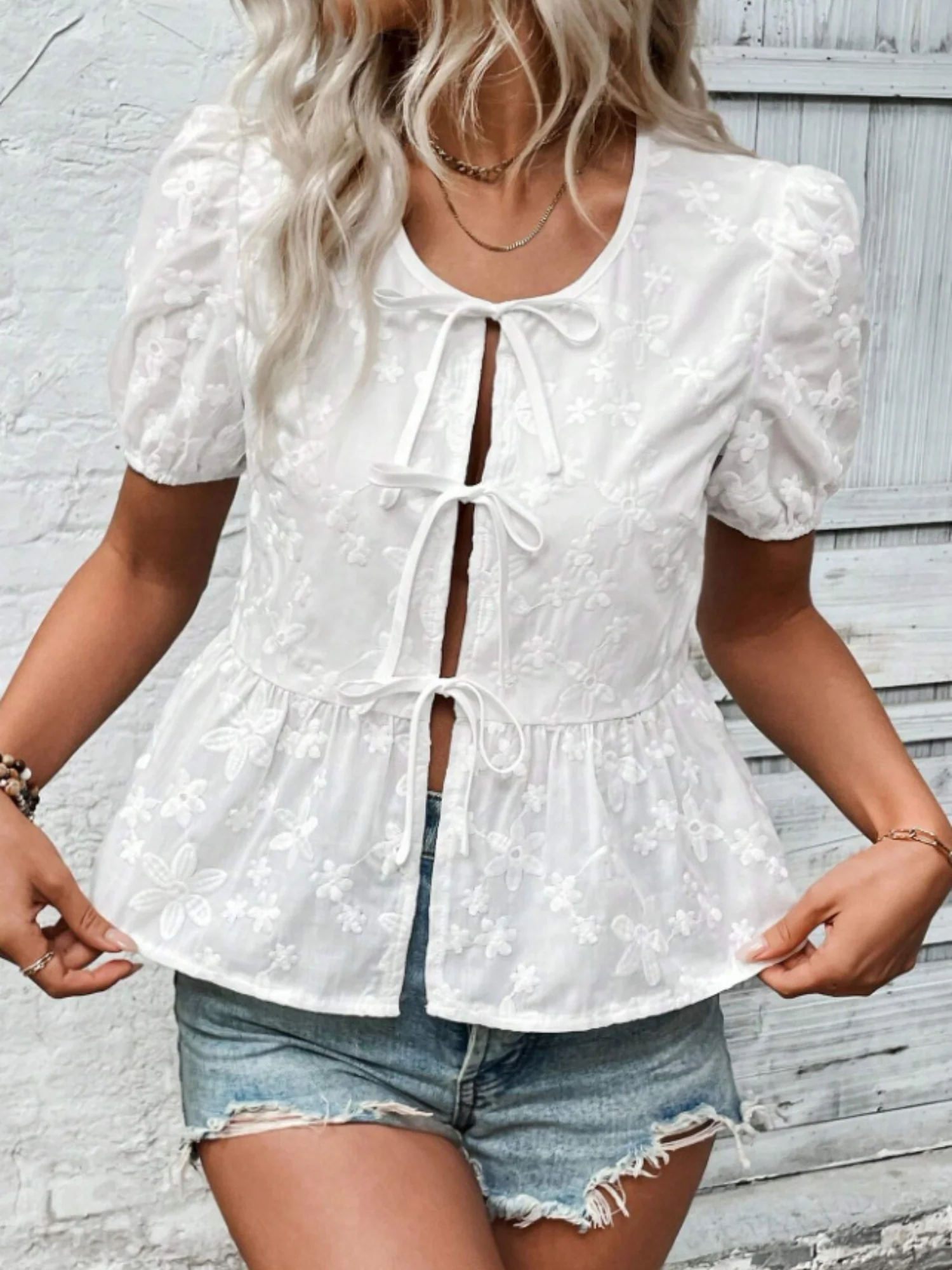 Lace Flowers Bow Tie Hollow Out Round Neck Puff Sleeves T-shirts - Image 3