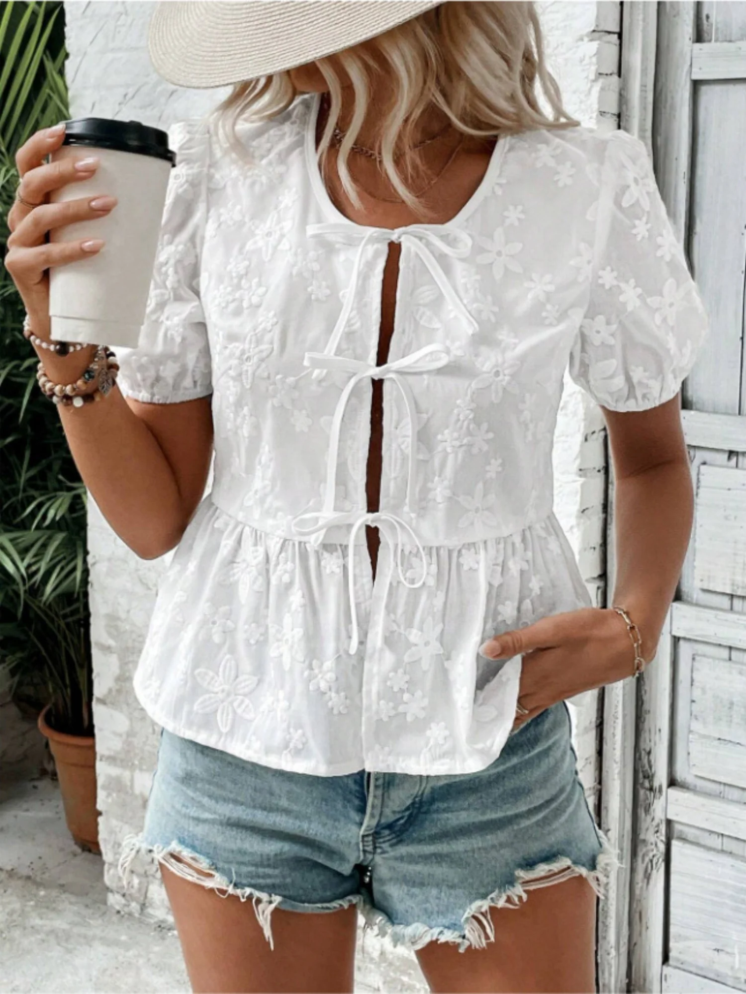 Lace Flowers Bow Tie Hollow Out Round Neck Puff Sleeves T-shirts - Image 5