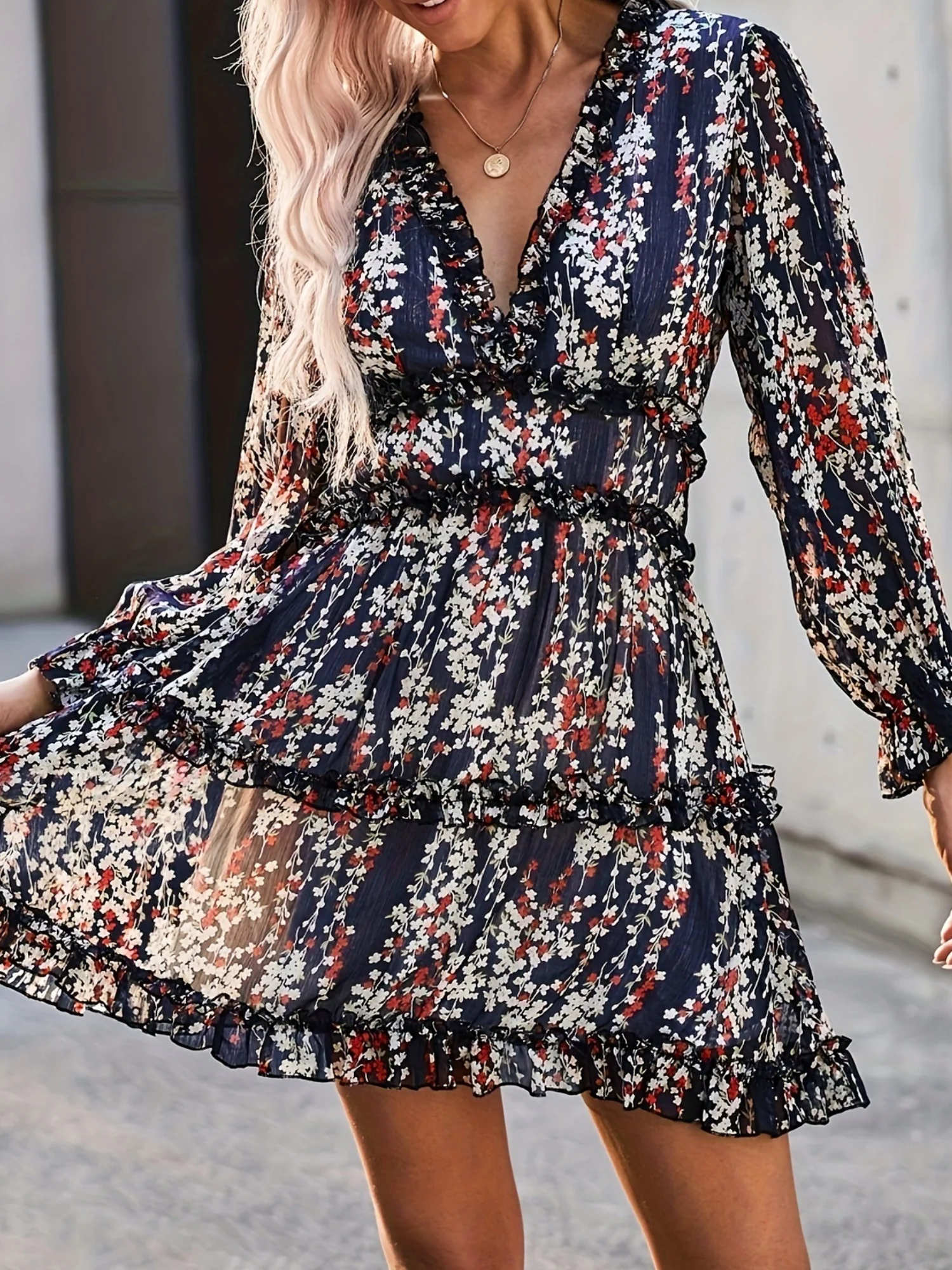 Floral Lace Deep V-neck Waist Puff Sleeve Sweet Mini&Short Dresses - Image 3