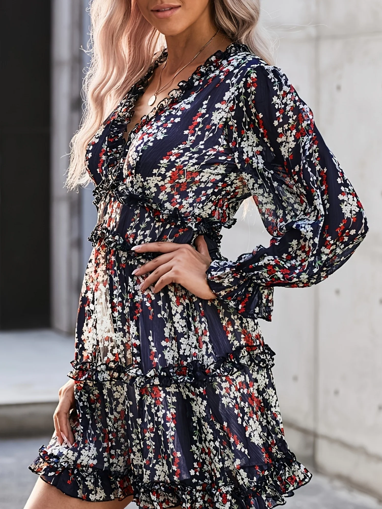 Floral Lace Deep V-neck Waist Puff Sleeve Sweet Mini&Short Dresses - Image 5