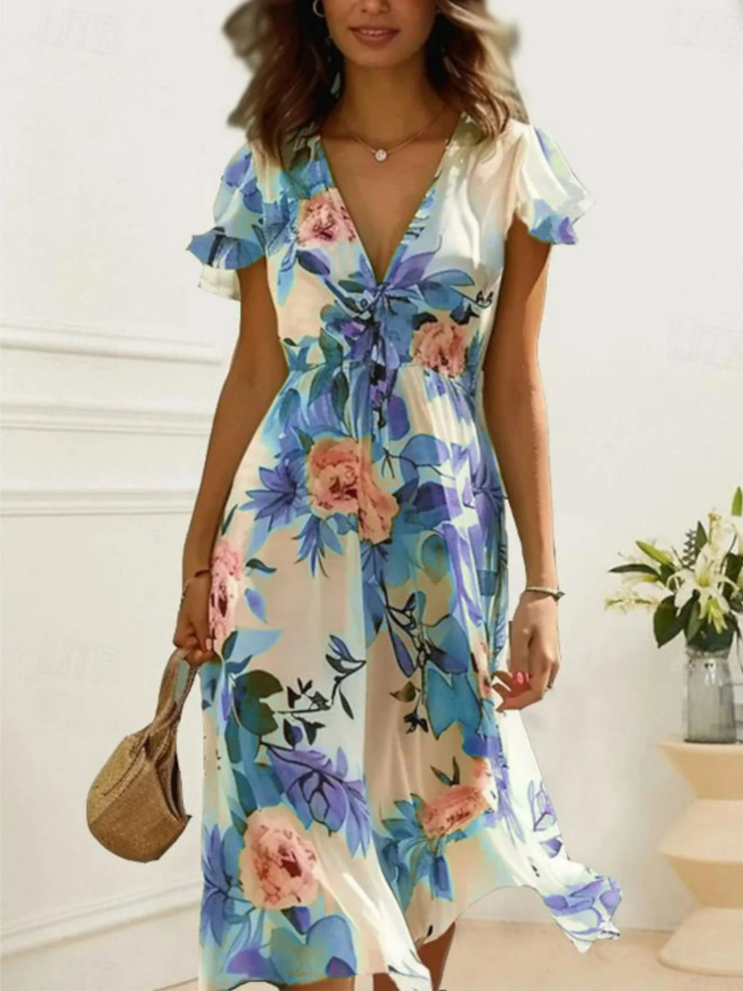Floral Print V-neck Short Sleeve Maxi Dresses - Image 2