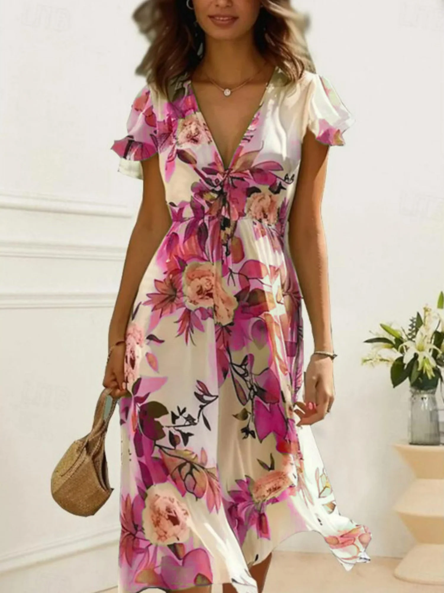 Floral Print V-neck Short Sleeve Maxi Dresses - Image 3