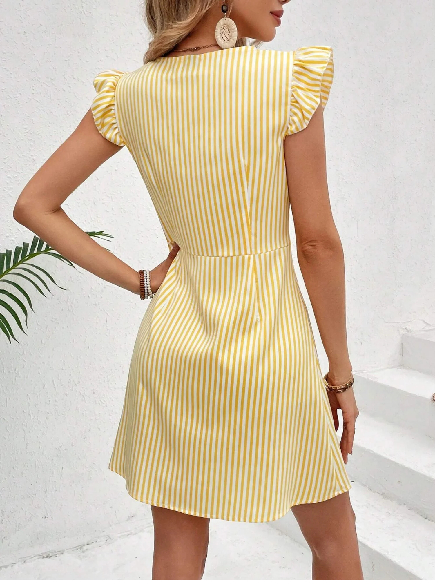 Striped Color Blocking Buttons V-neck Flutter Sleeves Mini&Short Dresses - Image 2