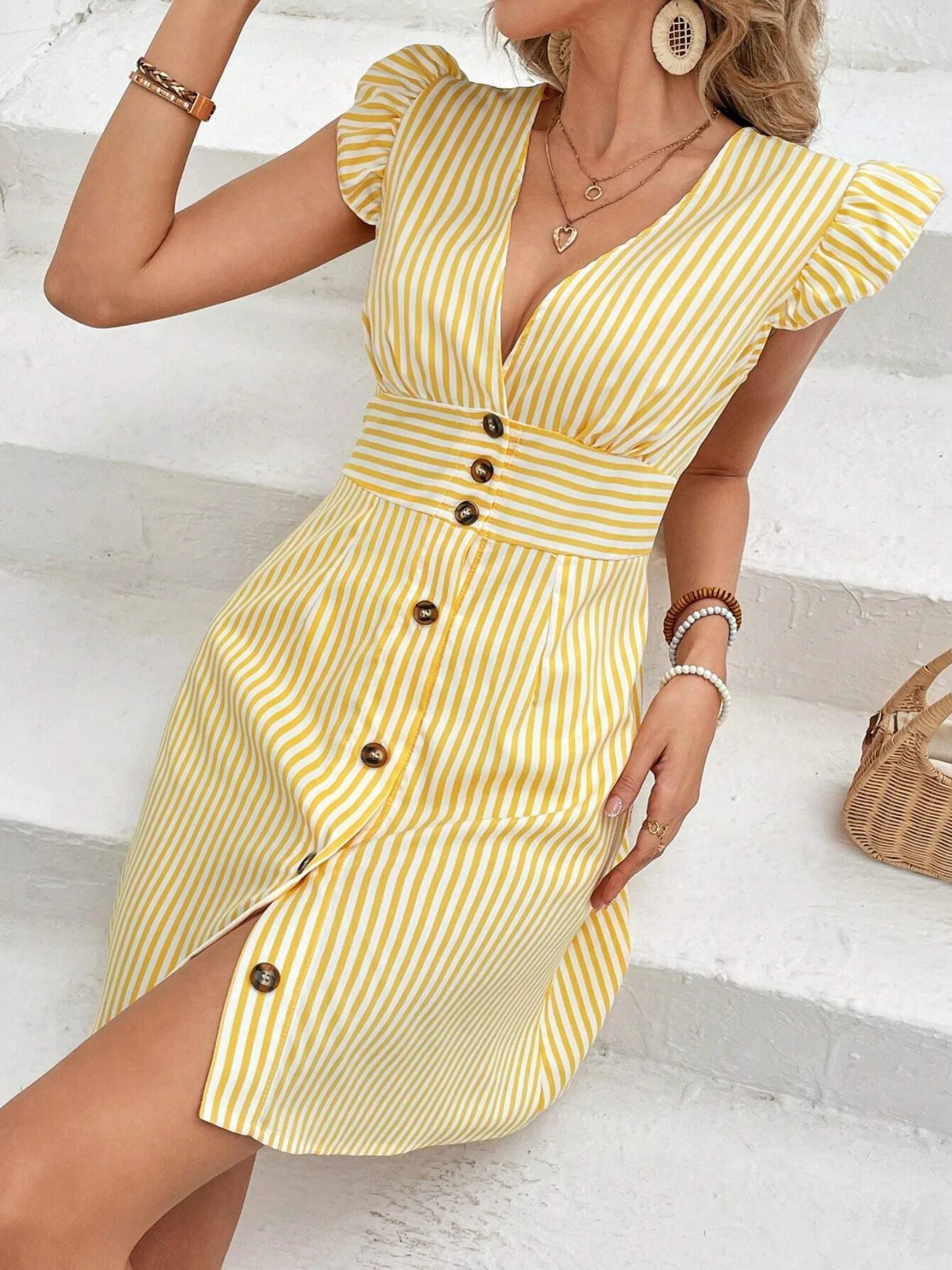 Striped Color Blocking Buttons V-neck Flutter Sleeves Mini&Short Dresses - Image 3
