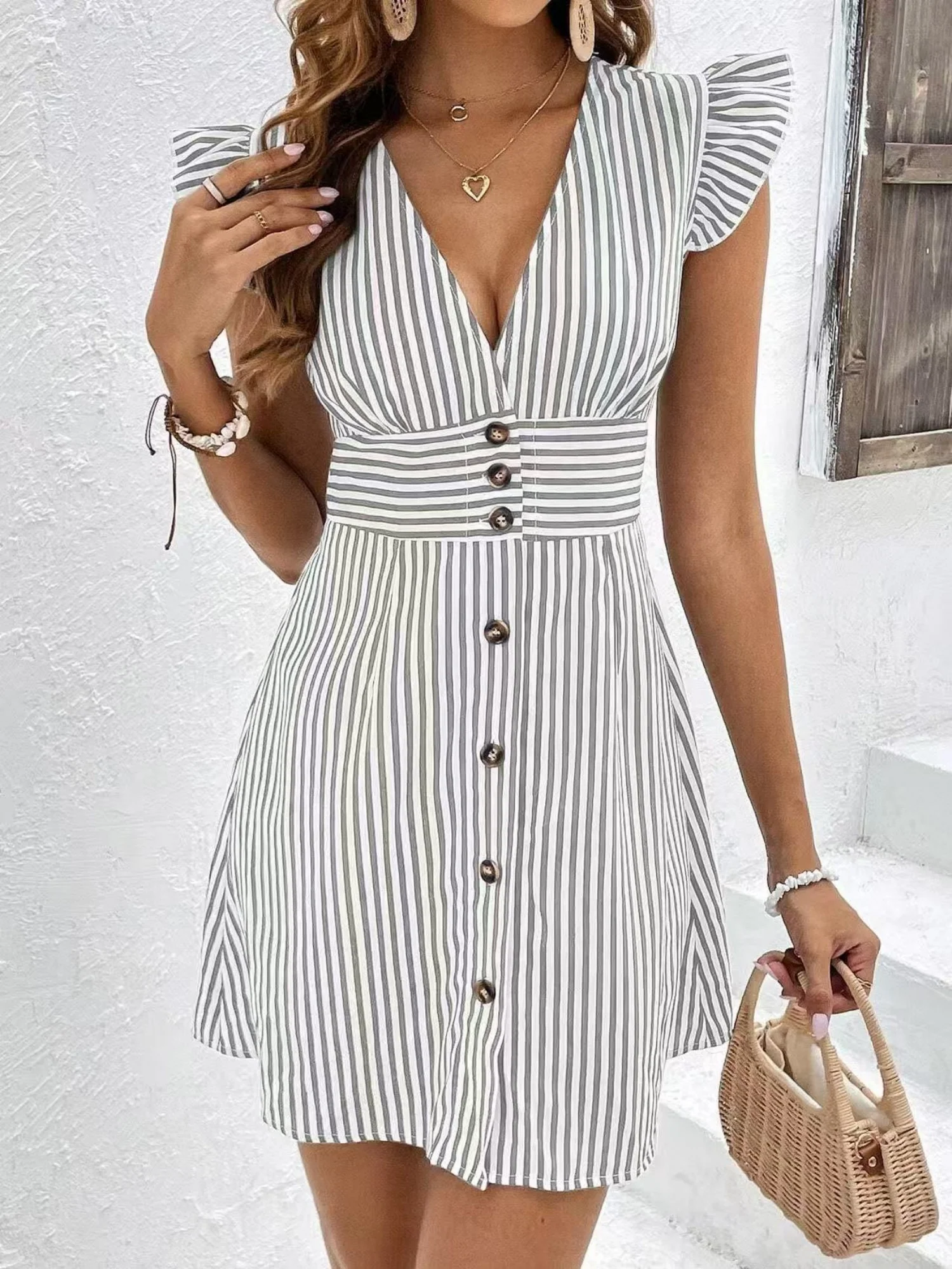 Striped Color Blocking Buttons V-neck Flutter Sleeves Mini&Short Dresses - Image 6