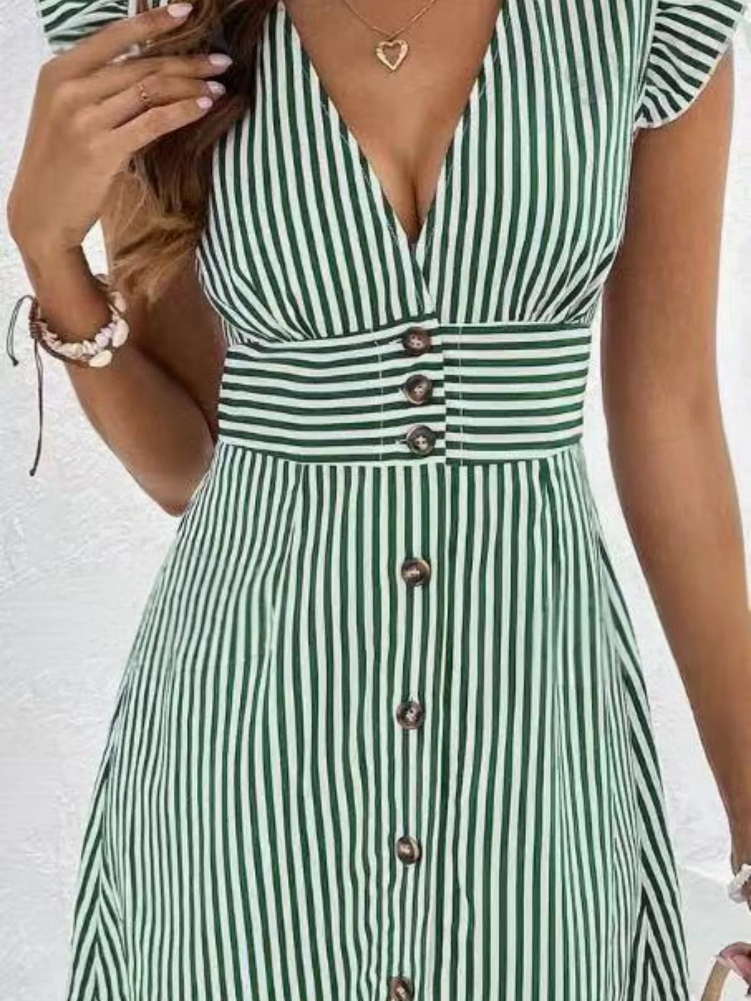 Striped Color Blocking Buttons V-neck Flutter Sleeves Mini&Short Dresses - Image 7