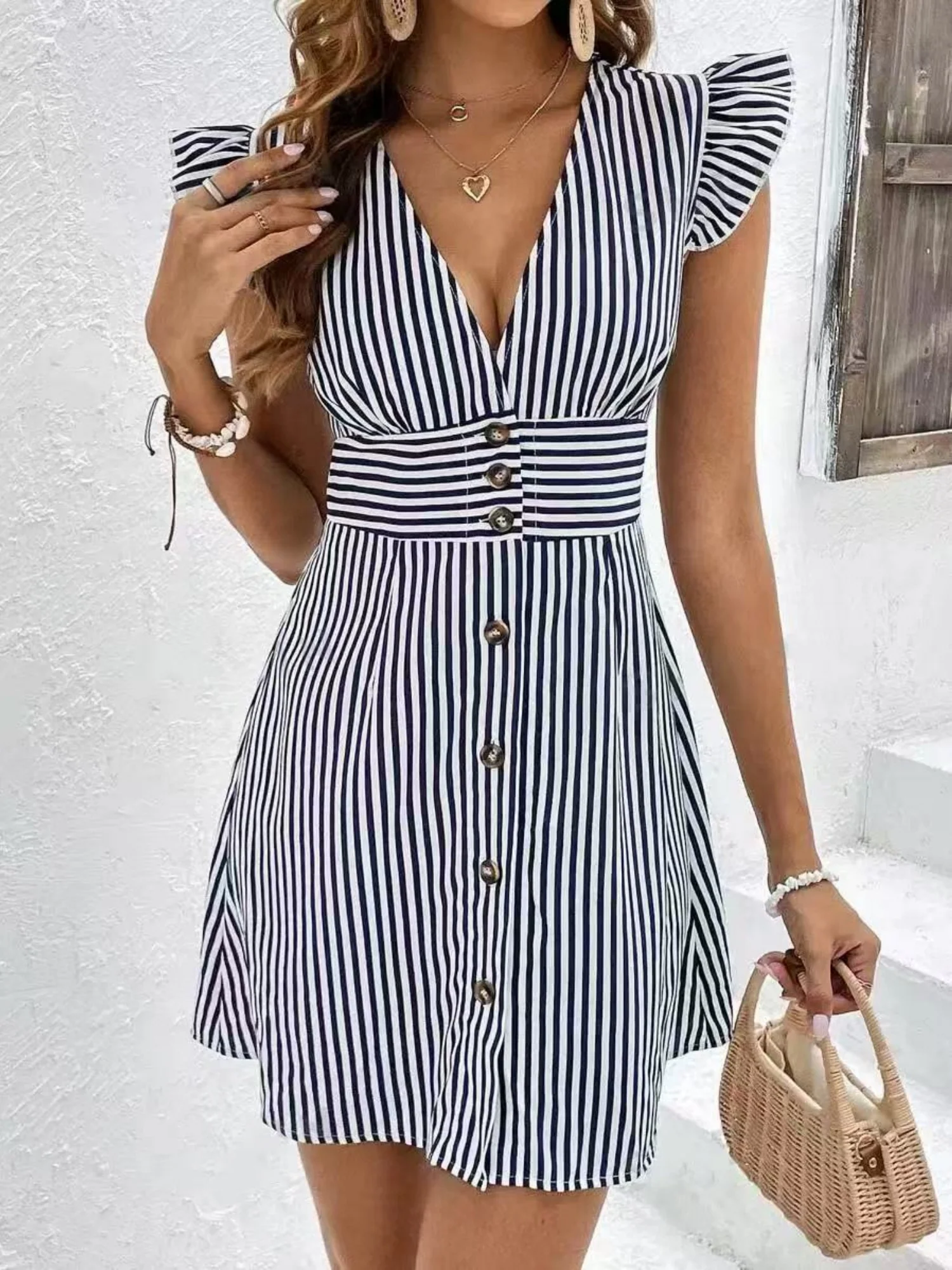 Striped Color Blocking Buttons V-neck Flutter Sleeves Mini&Short Dresses - Image 8