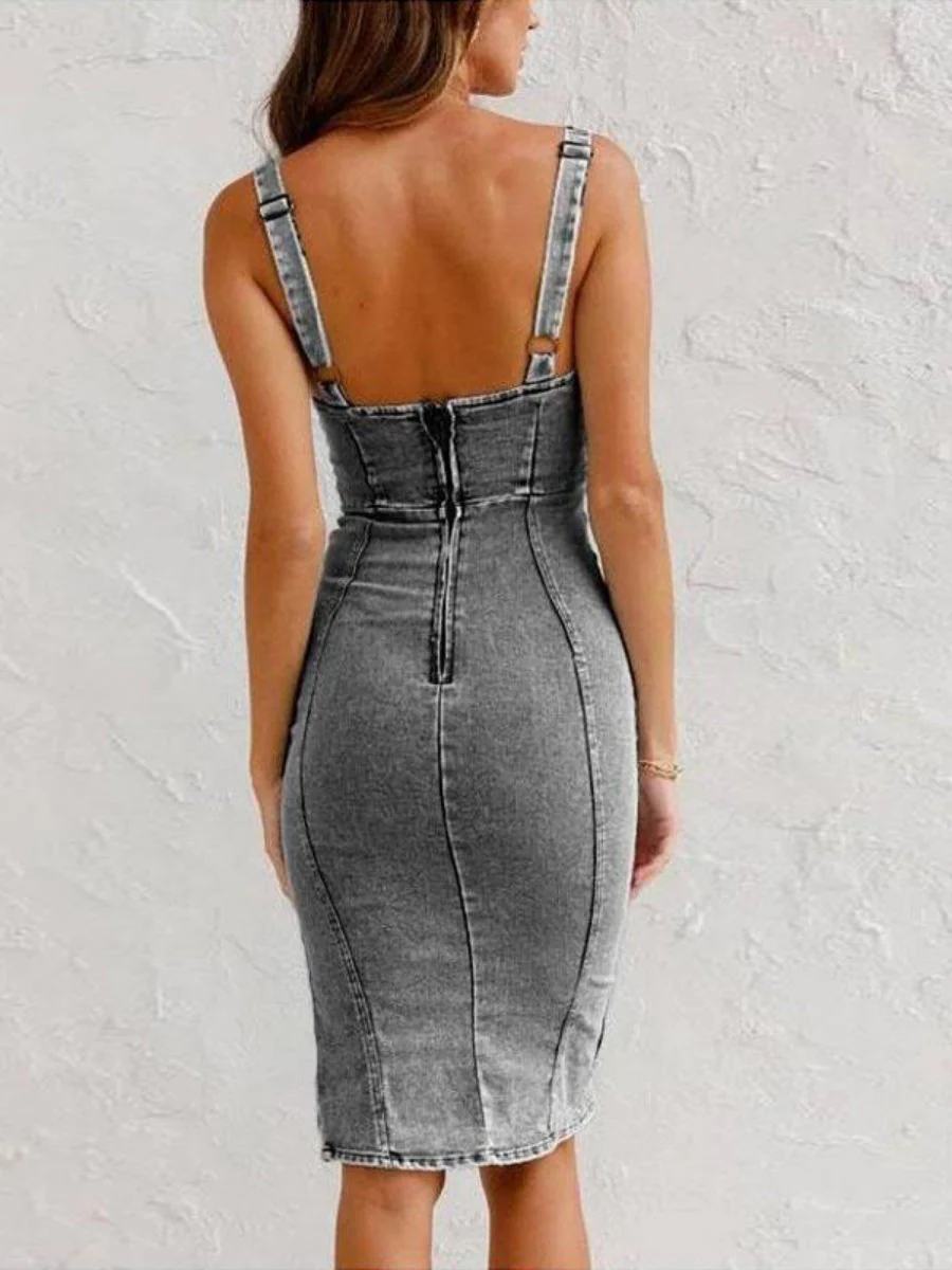 U-neck Camisoles Distressed Denim Slit Mini&Short Dresses - Image 6