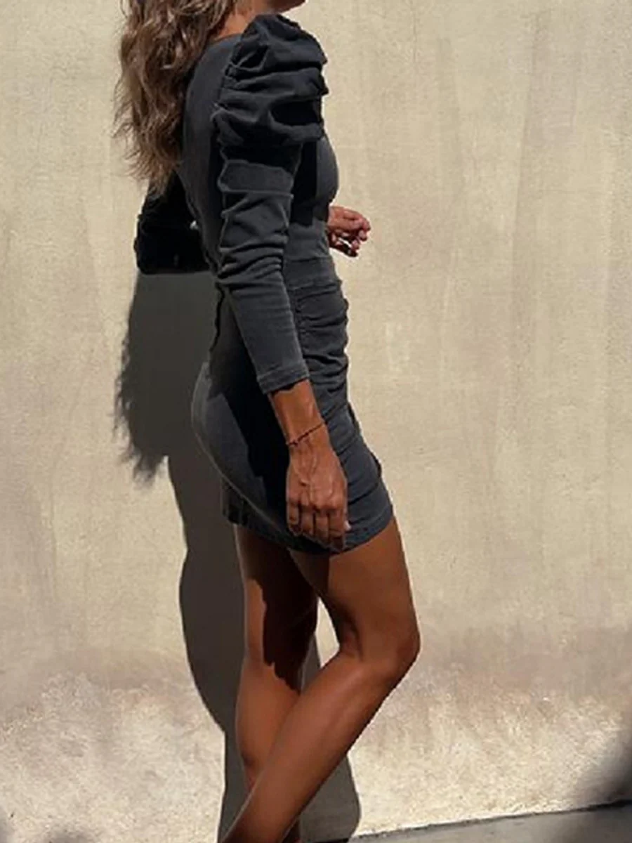 Distressed Puff Sleeve V-neck Hip-hugging Mini&Short Dresses - Image 10