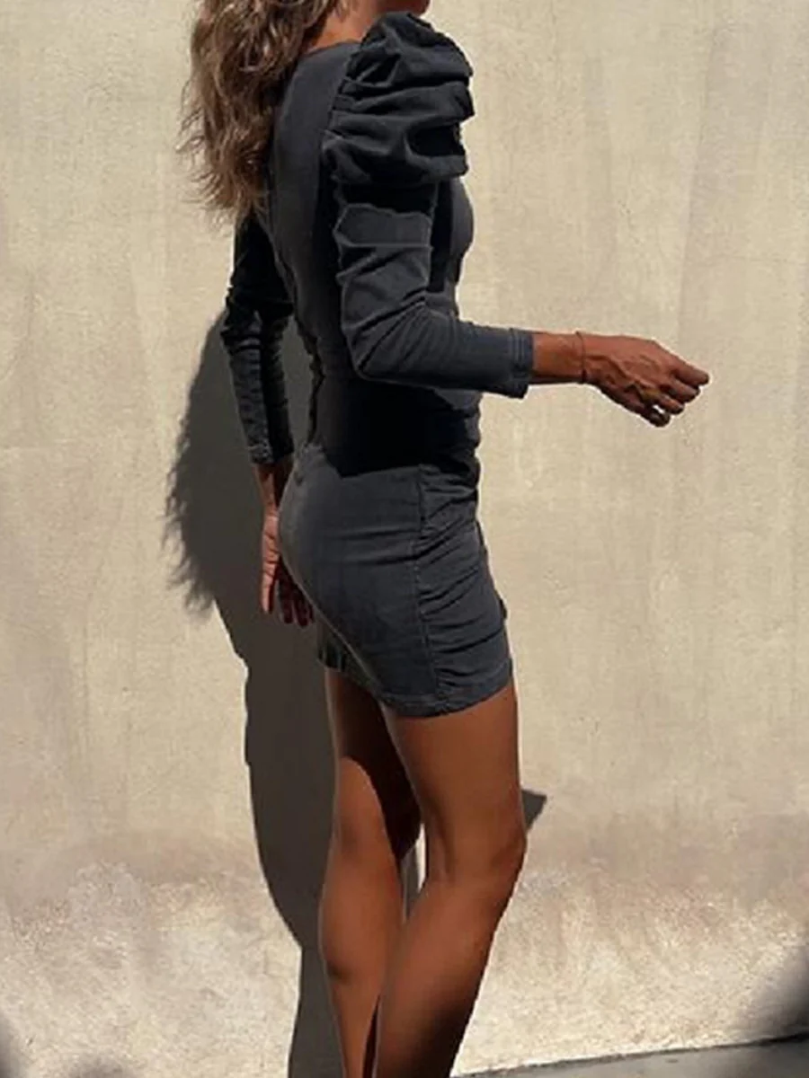 Distressed Puff Sleeve V-neck Hip-hugging Mini&Short Dresses - Image 11