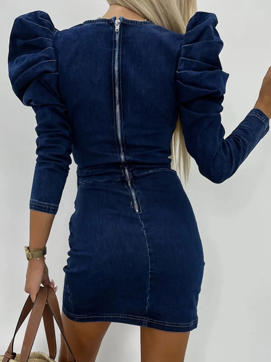 Distressed Puff Sleeve V-neck Hip-hugging Mini&Short Dresses - Image 2