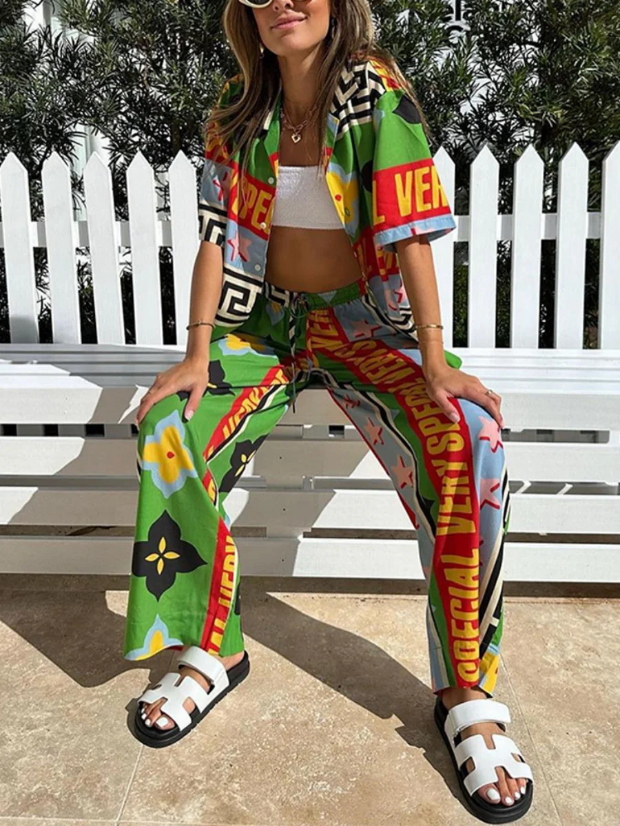 Printed Vacation Long-sleeved Shirt Pants Wide Leg Set 2-piece Sets - Image 10