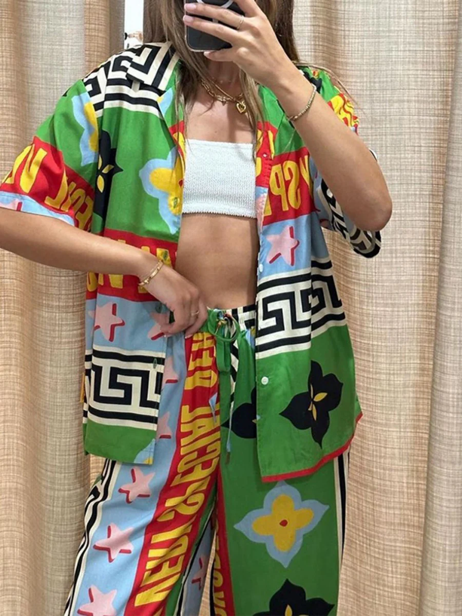Printed Vacation Long-sleeved Shirt Pants Wide Leg Set 2-piece Sets - Image 11