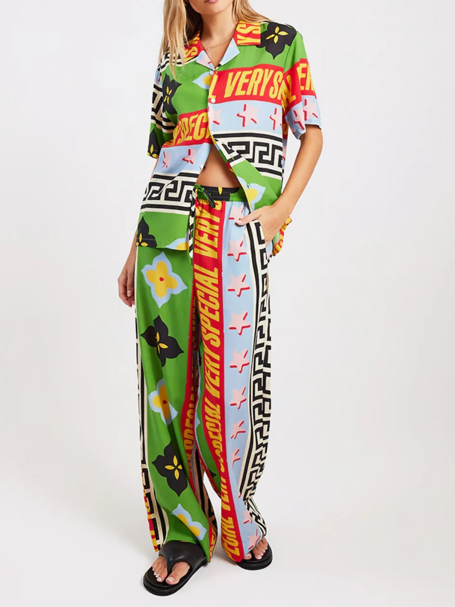 Printed Vacation Long-sleeved Shirt Pants Wide Leg Set 2-piece Sets - Image 12