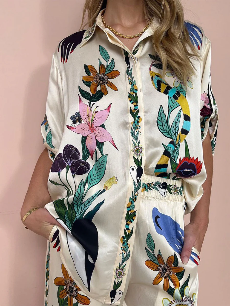 Printed Vacation Long-sleeved Shirt Pants Wide Leg Set 2-piece Sets - Image 2
