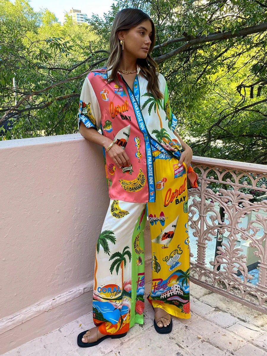 Printed Vacation Long-sleeved Shirt Pants Wide Leg Set 2-piece Sets - Image 24