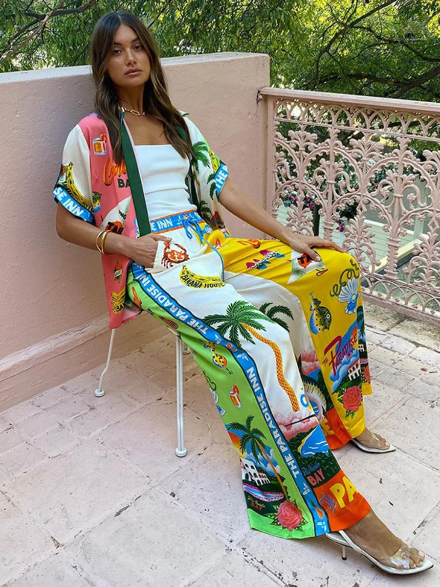 Printed Vacation Long-sleeved Shirt Pants Wide Leg Set 2-piece Sets - Image 25