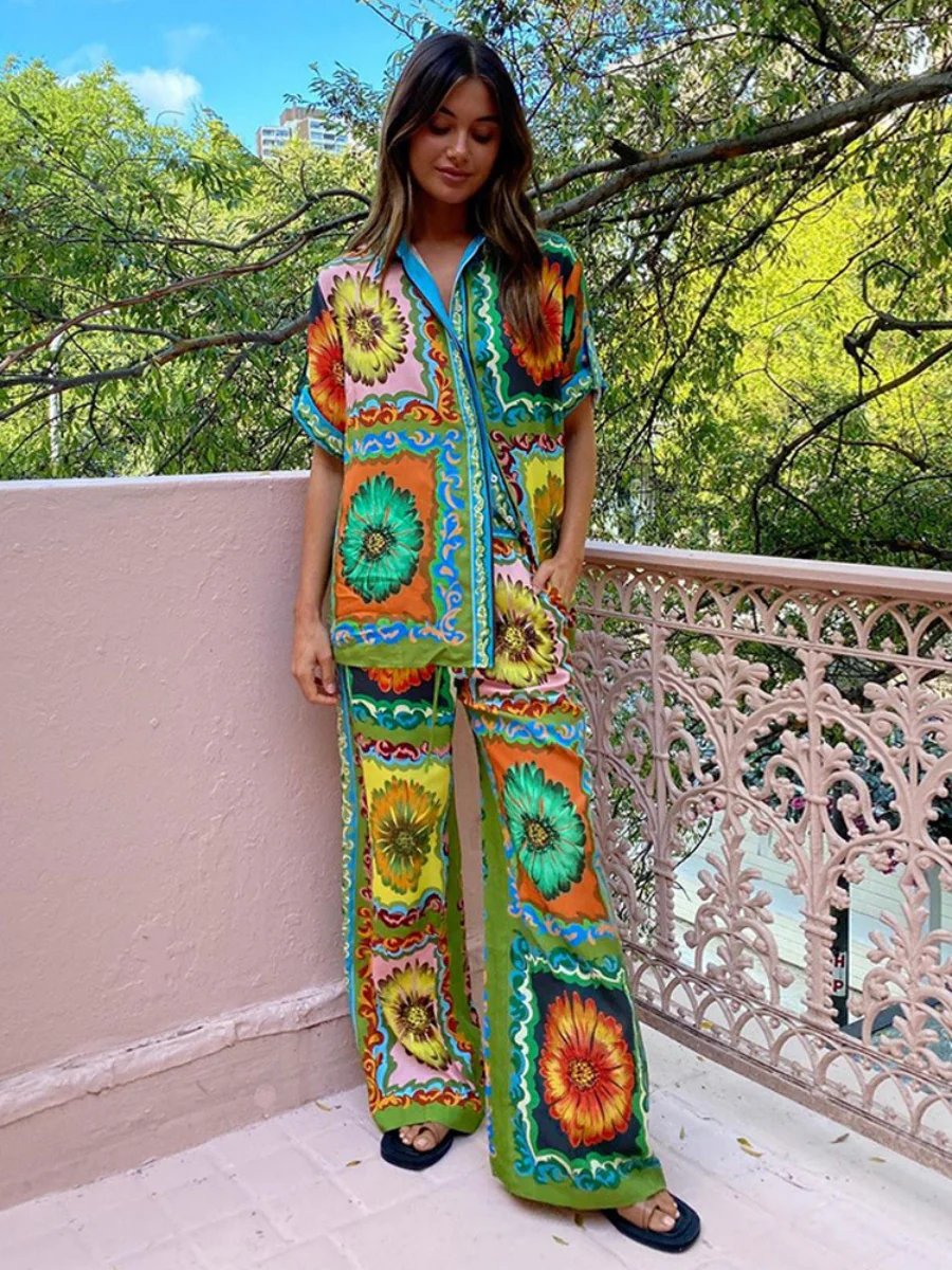 Printed Vacation Long-sleeved Shirt Pants Wide Leg Set 2-piece Sets - Image 27