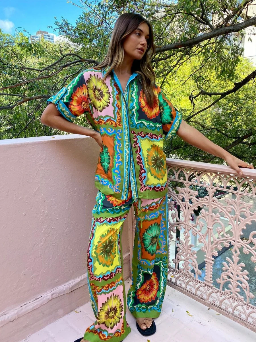 Printed Vacation Long-sleeved Shirt Pants Wide Leg Set 2-piece Sets - Image 28