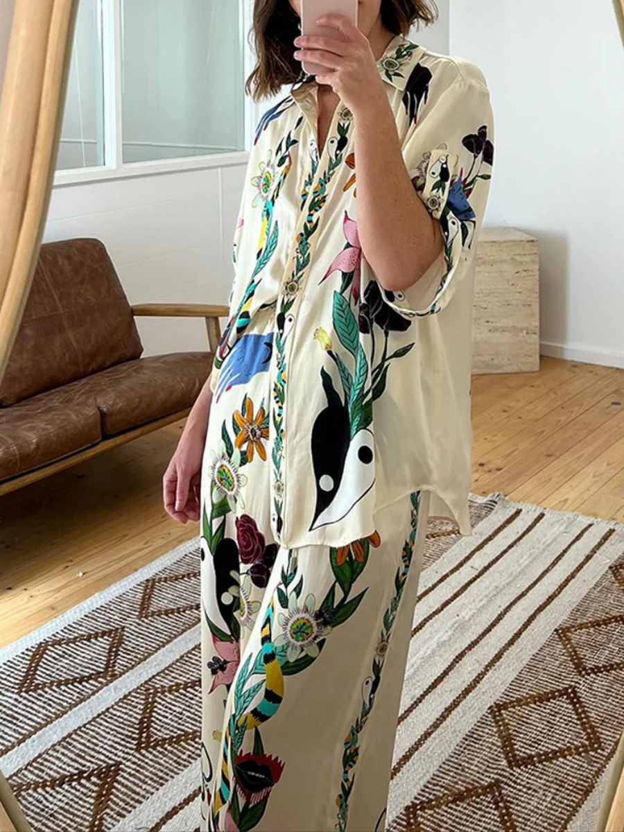 Printed Vacation Long-sleeved Shirt Pants Wide Leg Set 2-piece Sets - Image 3