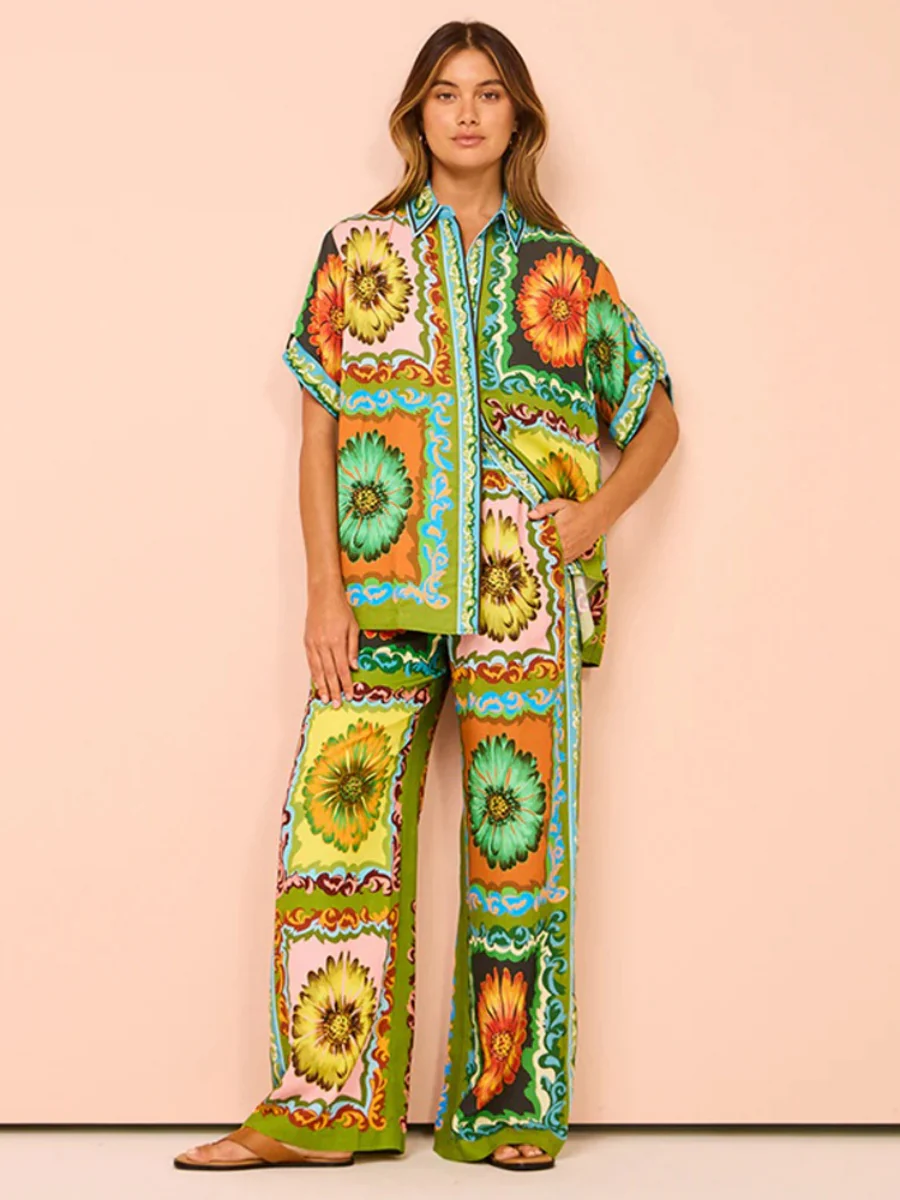 Printed Vacation Long-sleeved Shirt Pants Wide Leg Set 2-piece Sets - Image 31