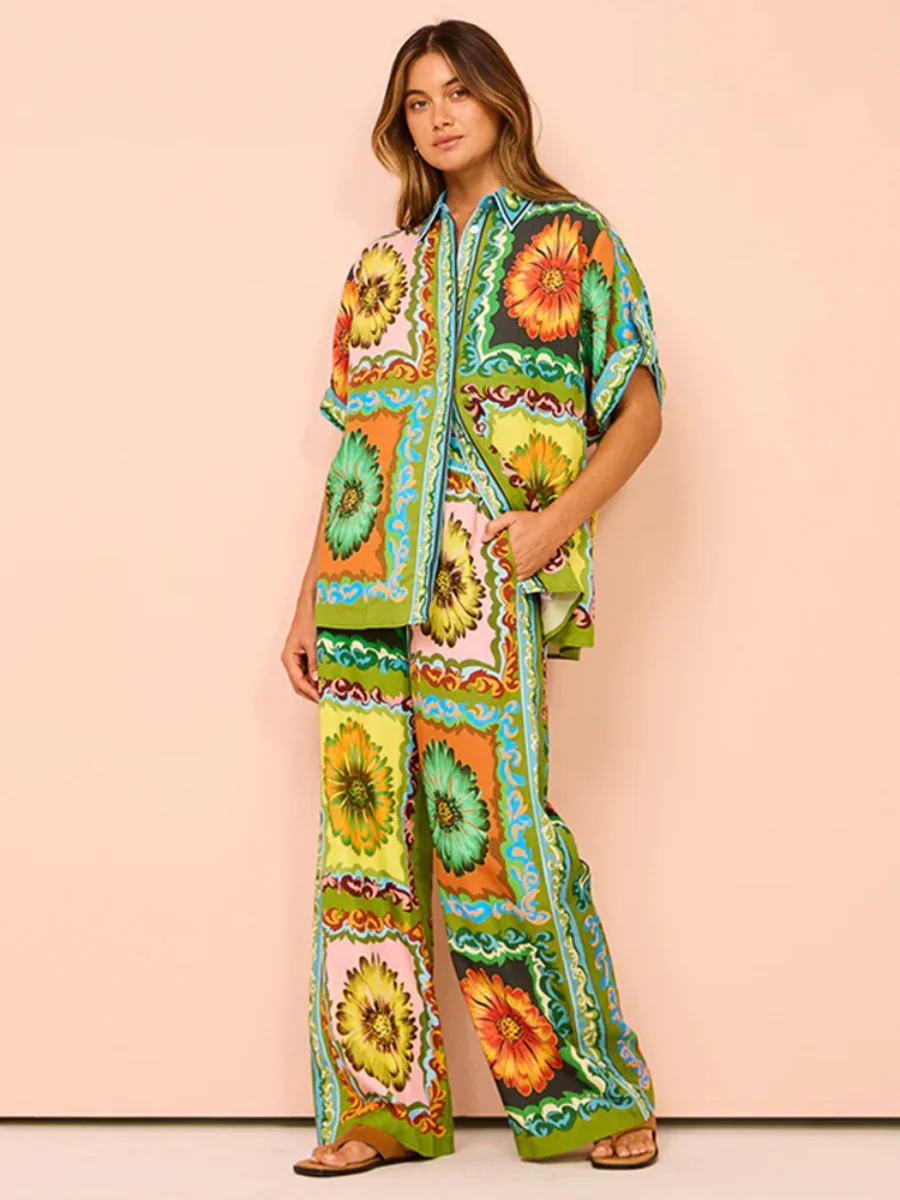 Printed Vacation Long-sleeved Shirt Pants Wide Leg Set 2-piece Sets - Image 32