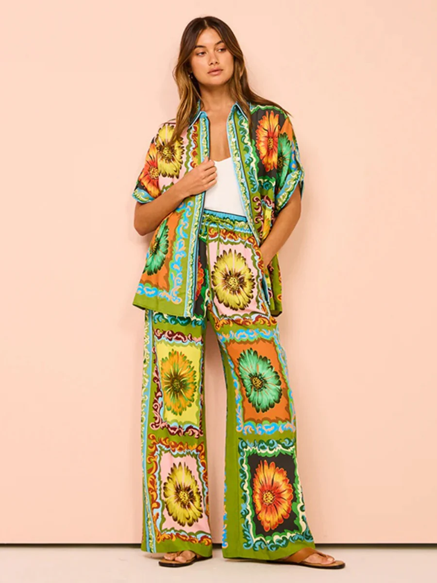 Printed Vacation Long-sleeved Shirt Pants Wide Leg Set 2-piece Sets - Image 33