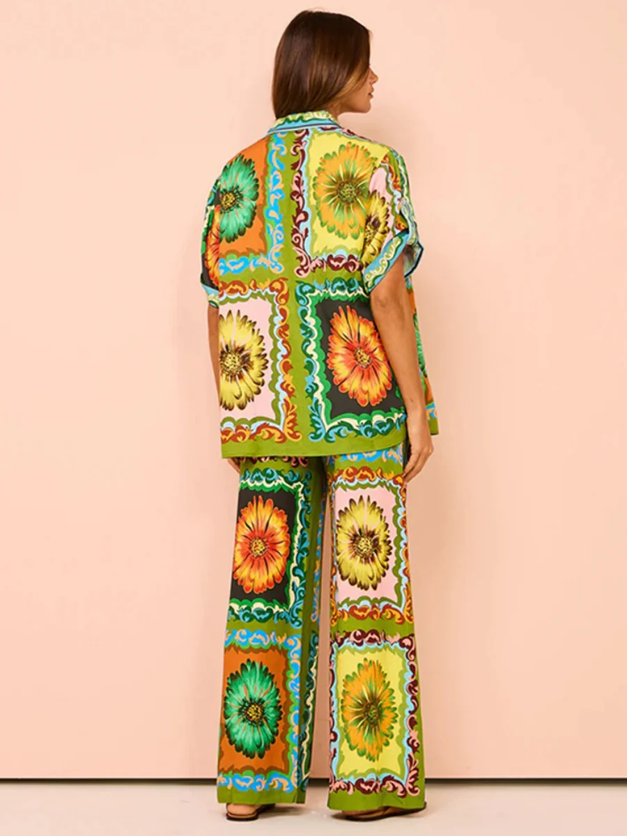 Printed Vacation Long-sleeved Shirt Pants Wide Leg Set 2-piece Sets - Image 34